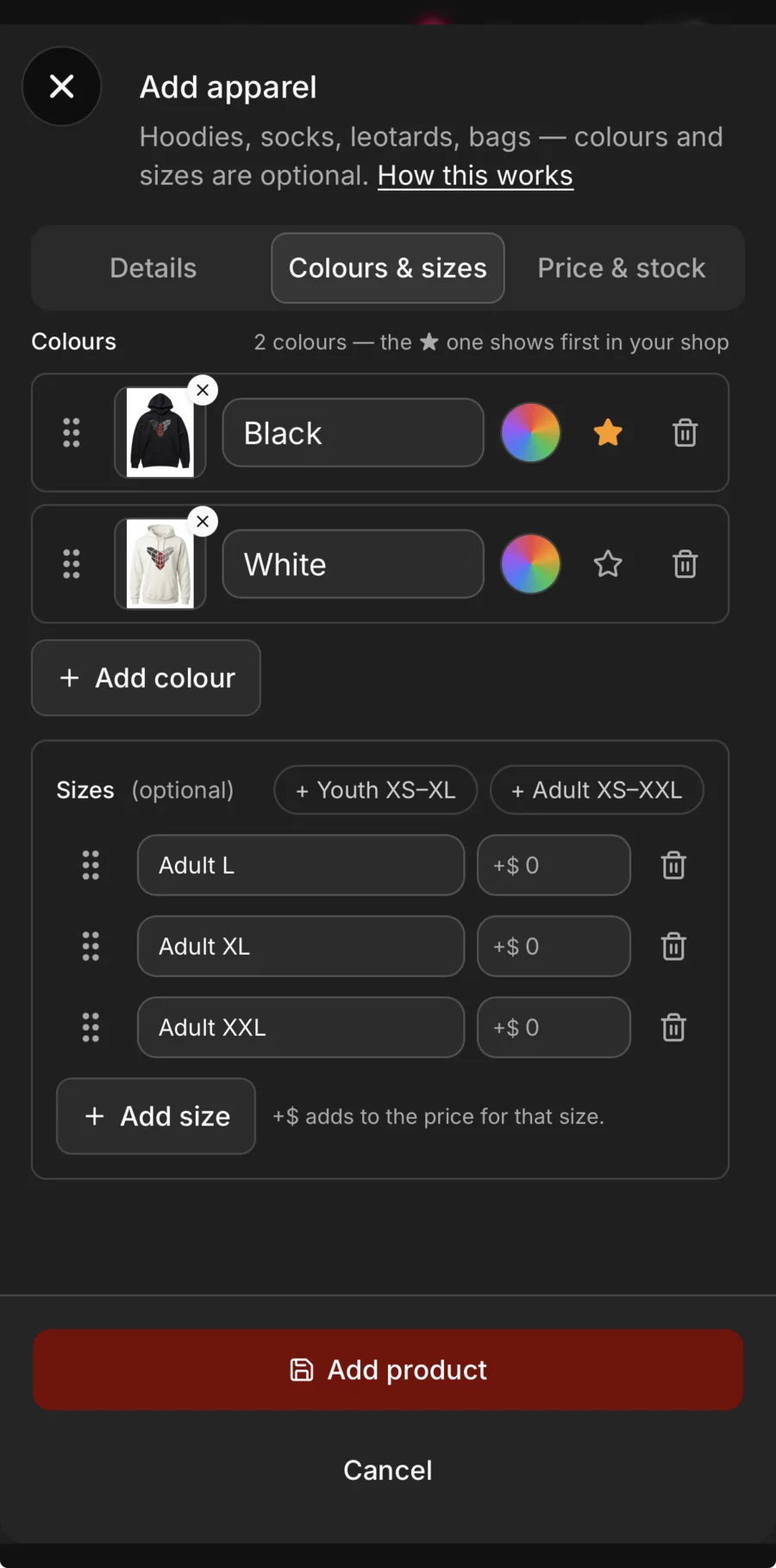 Adding a hoodie to the products, Colours & sizes: Black and White, each with its photo, the black one starred to show first in the shop, and the sizes Adult L, XL and XXL, each with what it adds to the price.
