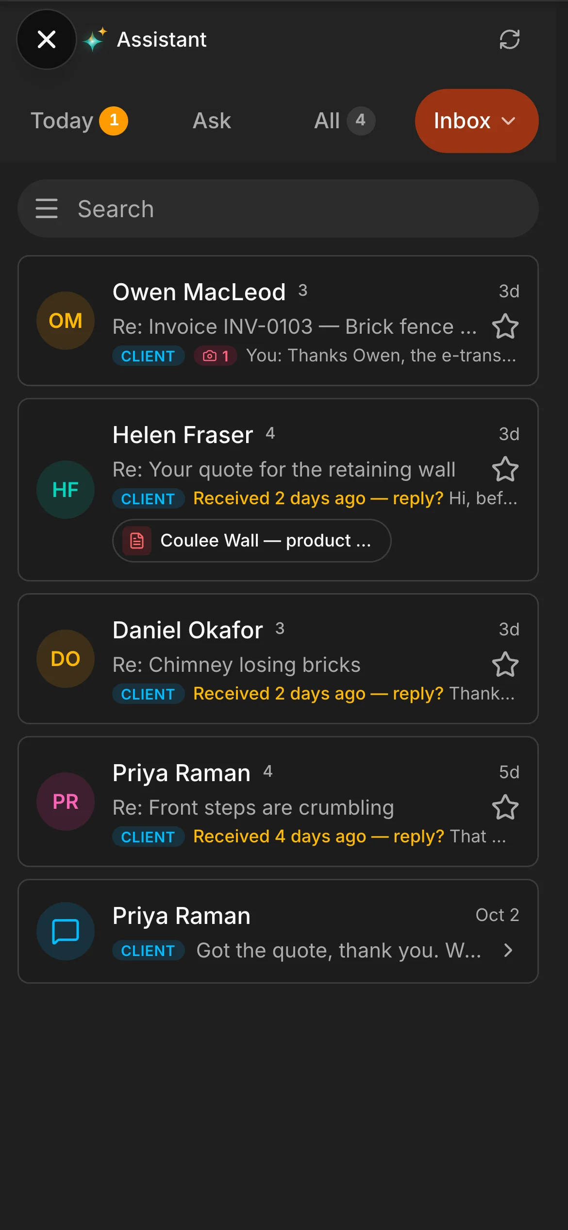 The Assistant’s Inbox tab, every conversation marked as a client’s: Owen MacLeod, Helen Fraser, Daniel Okafor and Priya Raman.