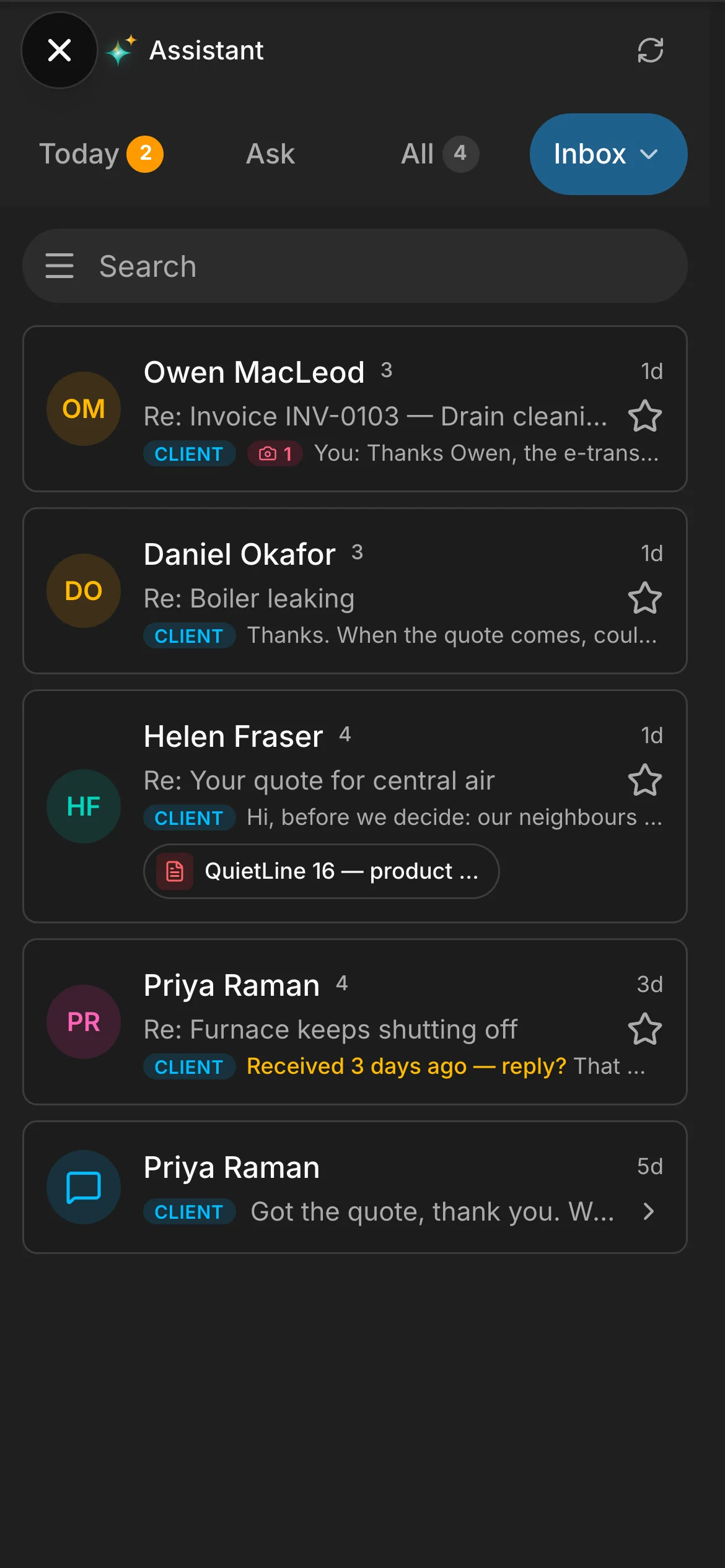 The Assistant’s Inbox tab, every conversation marked as a client’s: Owen MacLeod, Helen Fraser, Daniel Okafor and Priya Raman.