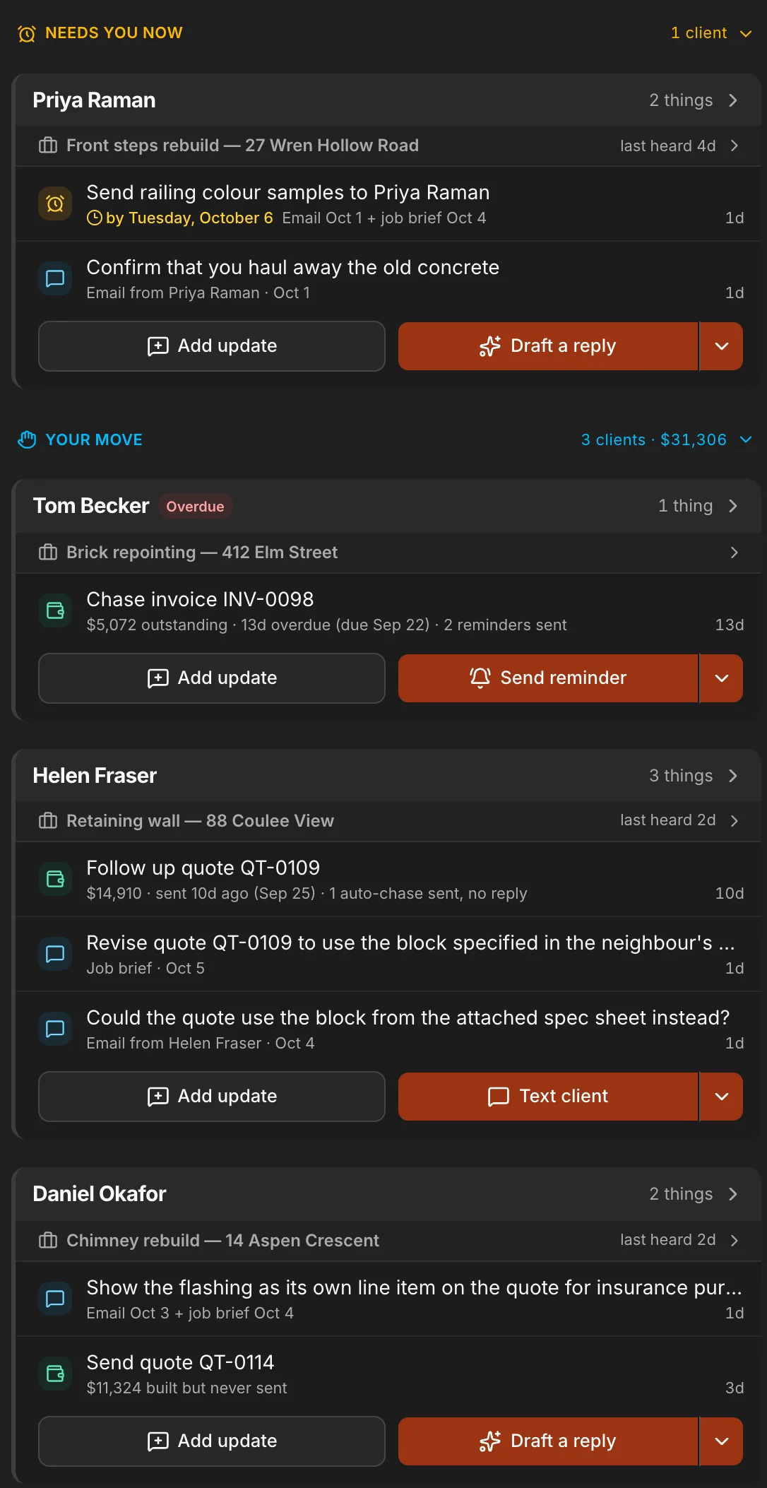 The Assistant’s list: “Needs you now” with Priya Raman first and “Your move” with Tom Becker first, one of them an overdue invoice ($5,072 outstanding), each with the button that does it.