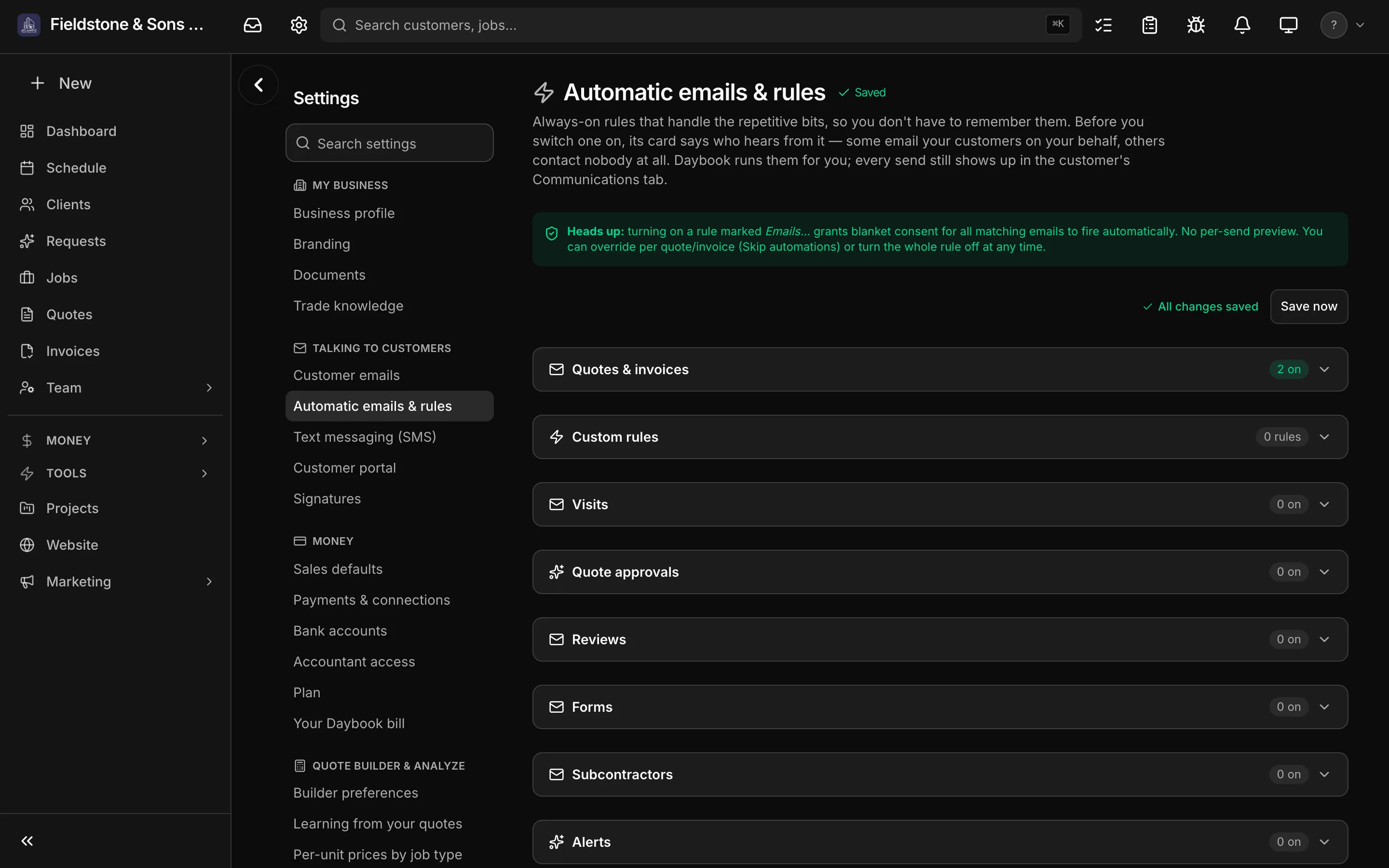 The automatic emails and rules page in dark mode: every rule in one list, each with its switch and who hears from it.