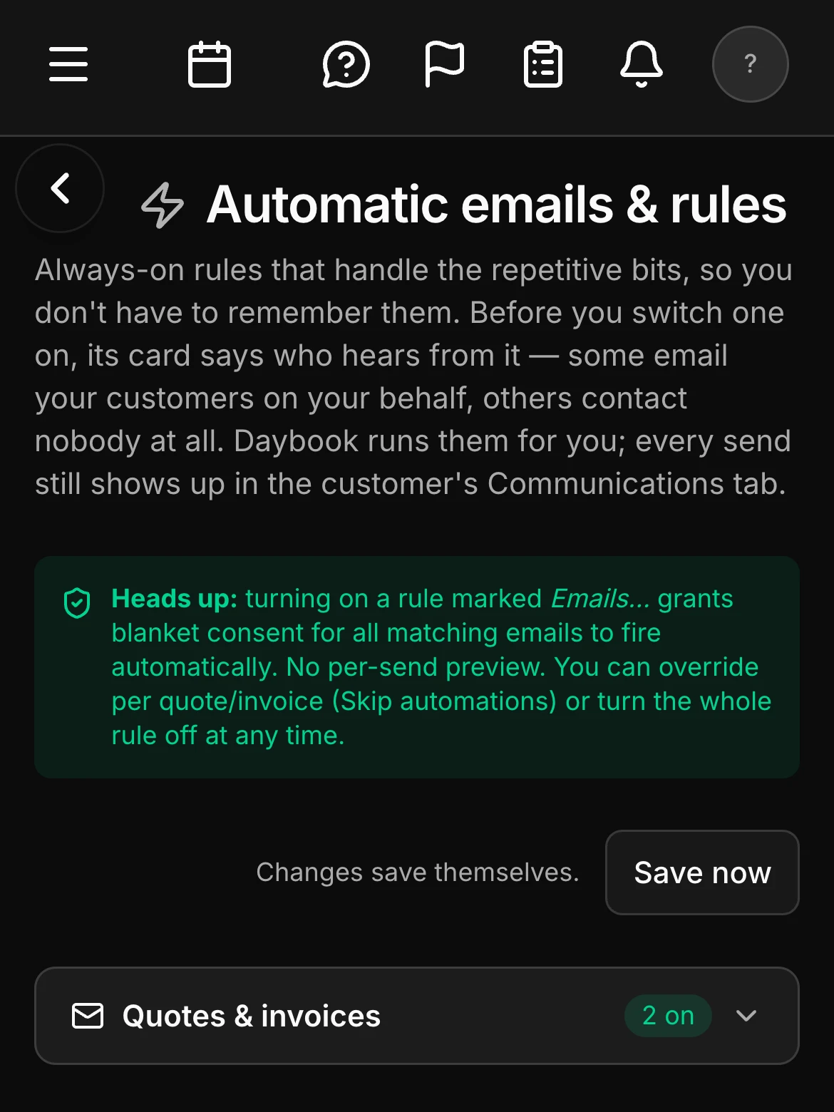 Automatic emails and rules on a phone: what the rules do, a heads-up that a rule marked Emails sends without a preview each time and can be skipped on one quote or invoice, and the Quotes & invoices group with two rules on.