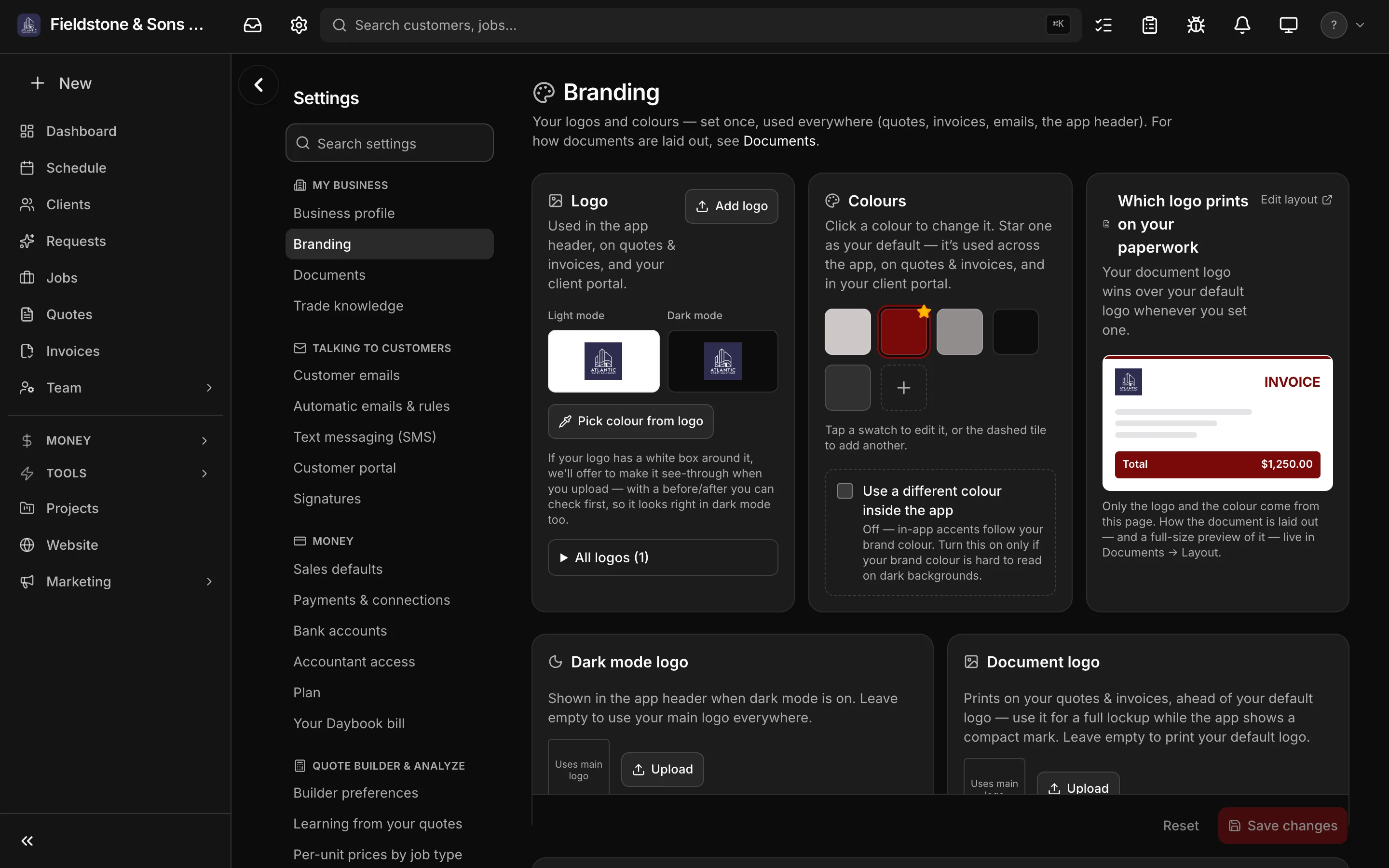 The Branding page in dark mode: the logo uploaded, its colours picked out of it, one swatch starred as the brand colour.