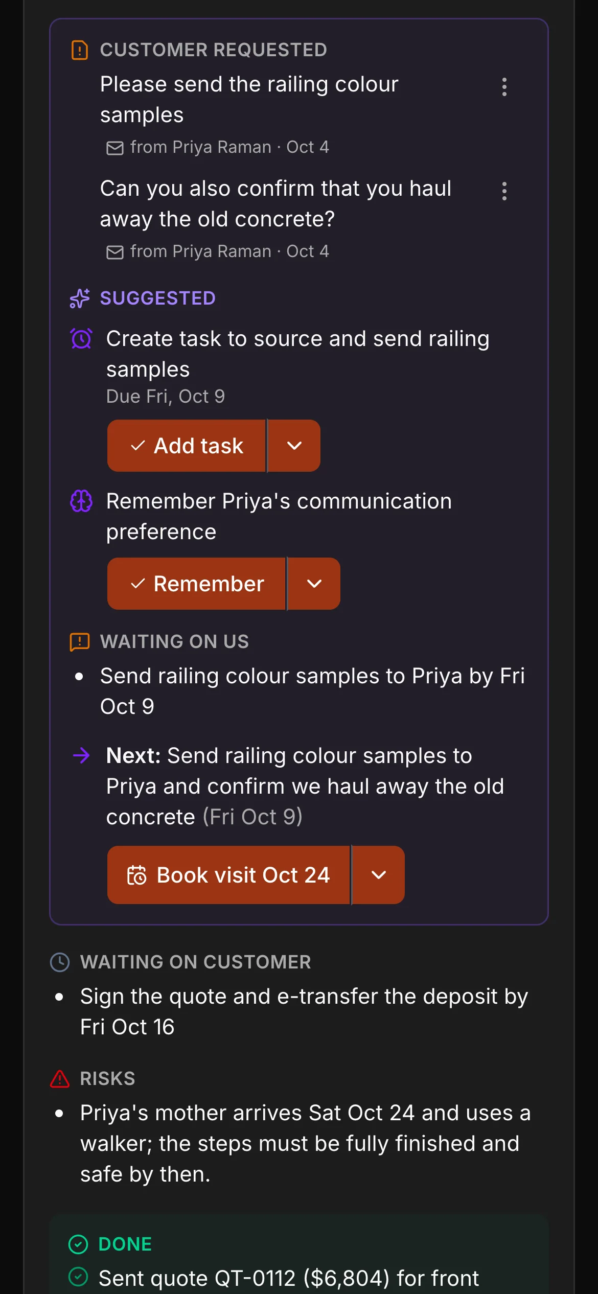 The open work in a brief, with its buttons: what the customer asked for (each with the message it came from), suggested next moves, what is waiting on us and the next step.