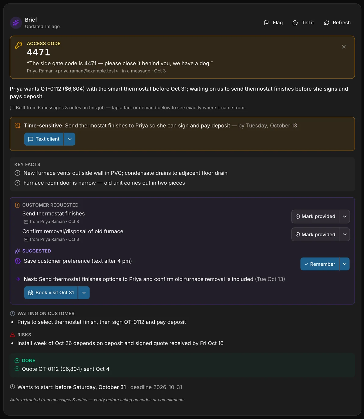 A job’s brief in Daybook: the gate code pinned at the top, a one-line summary, a time-sensitive deadline, key facts, what the customer requested, a suggestion, the next step and its date, and what is waiting on the customer.