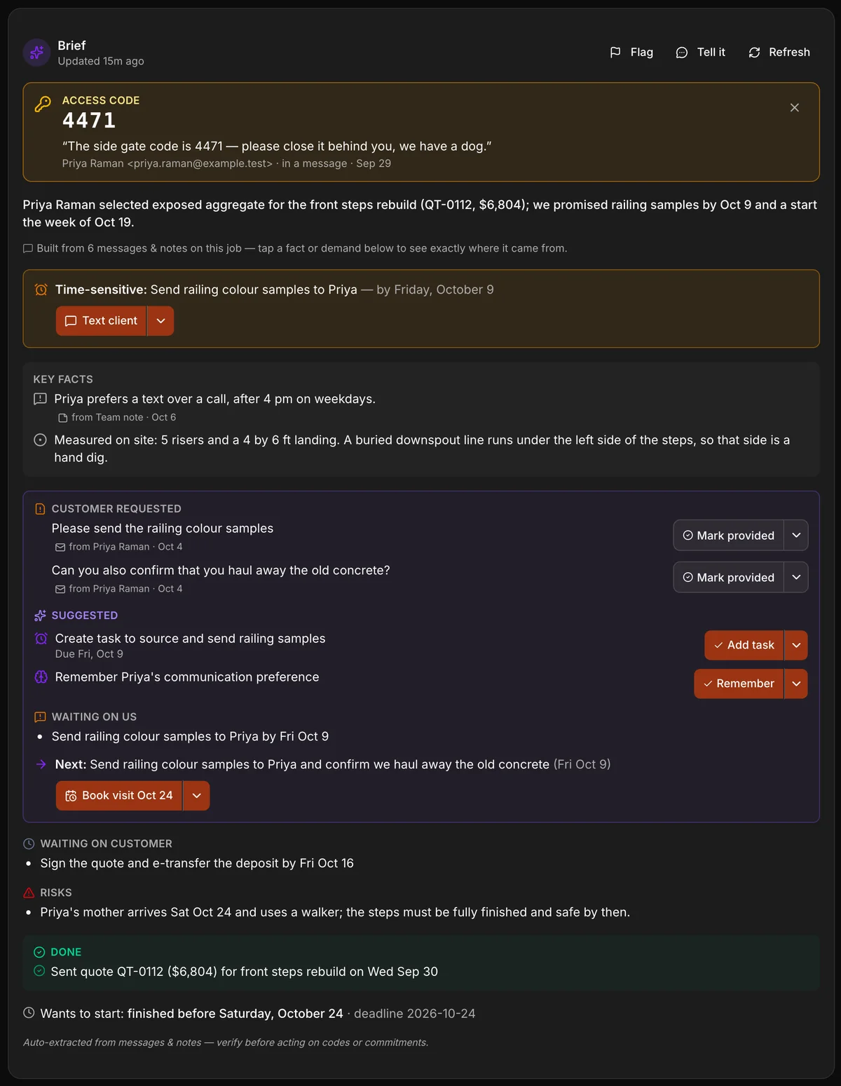The Brief card on a job: the access code pinned from the customer’s email, a short summary of where it stands, what is time-sensitive and the key facts.