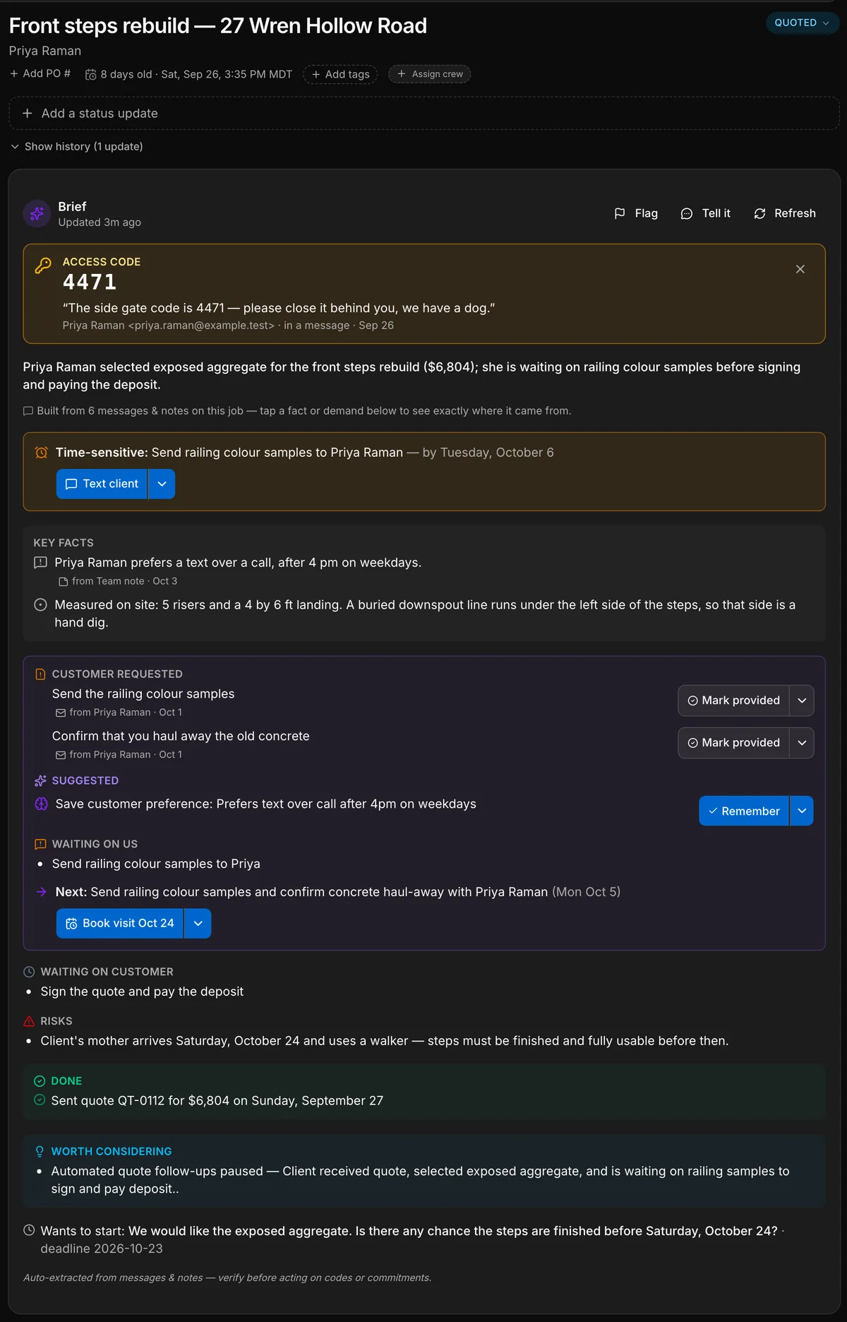 A job in Daybook and its brief: the gate code pinned at the top, a one-line summary, a time-sensitive deadline, key facts, what the customer requested, what is waiting on us with the next step and its date, and what is waiting on the customer.