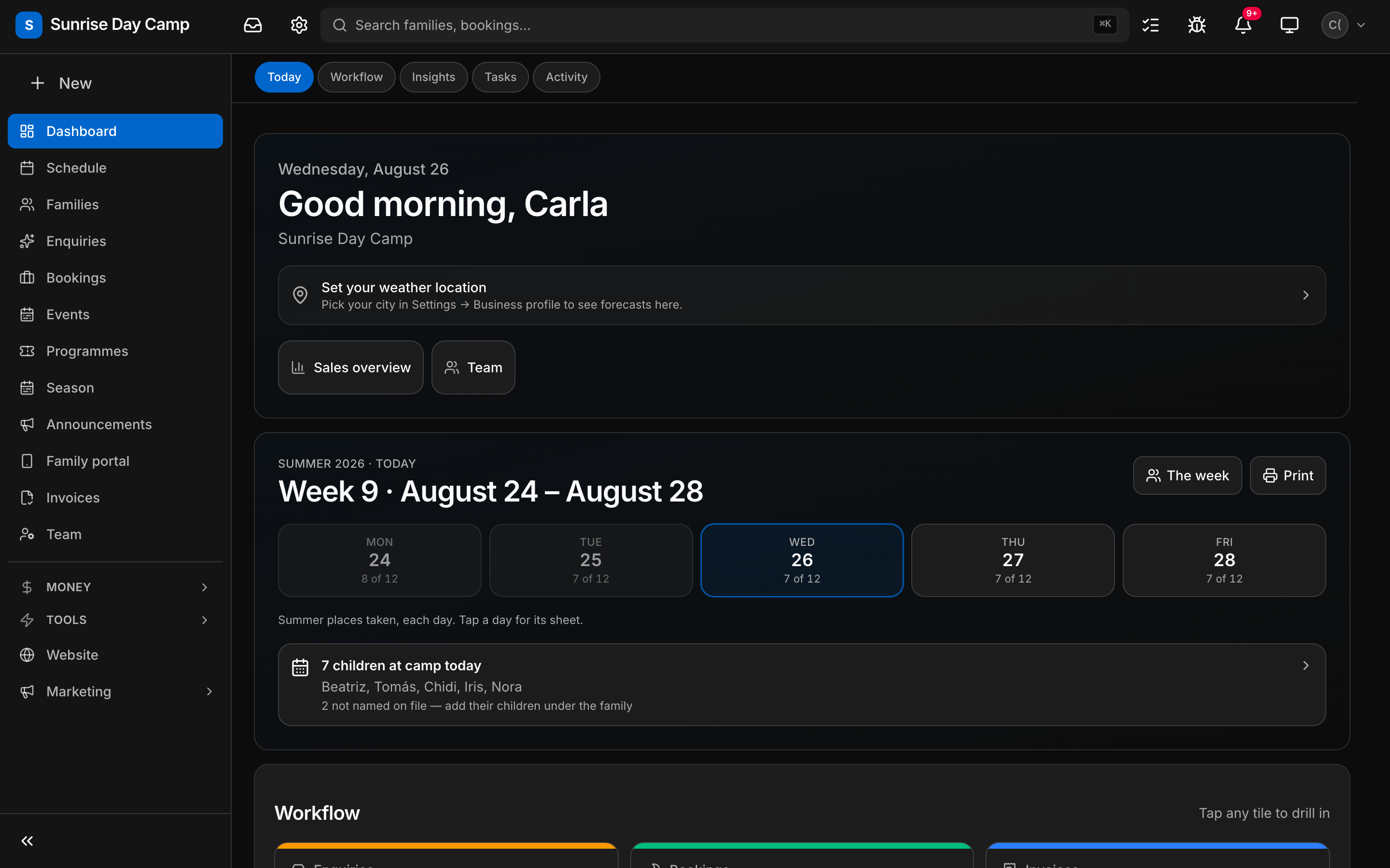 The morning dashboard at a day camp, on the desktop in dark mode.
