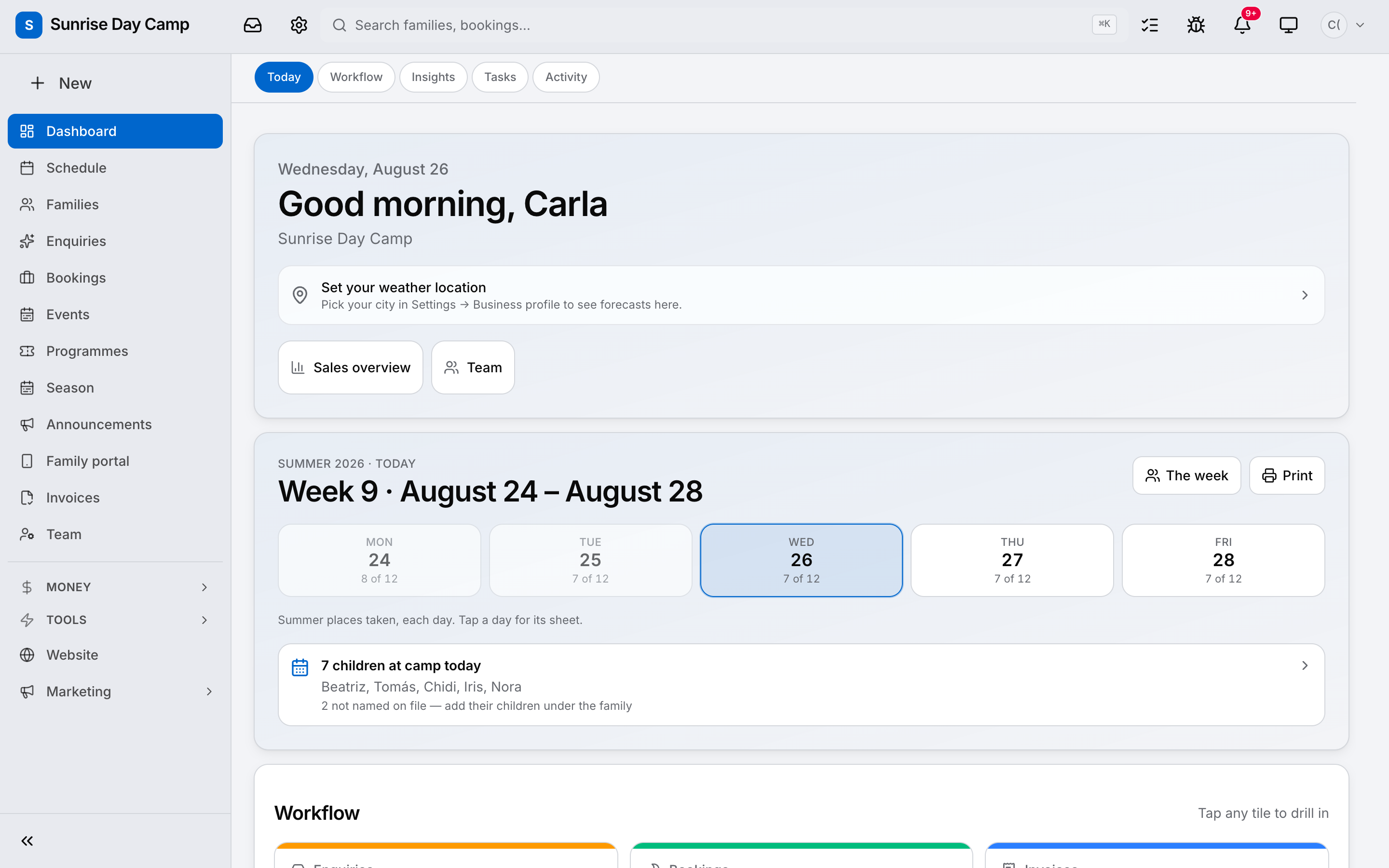 The morning dashboard at a day camp, on the desktop in light mode.