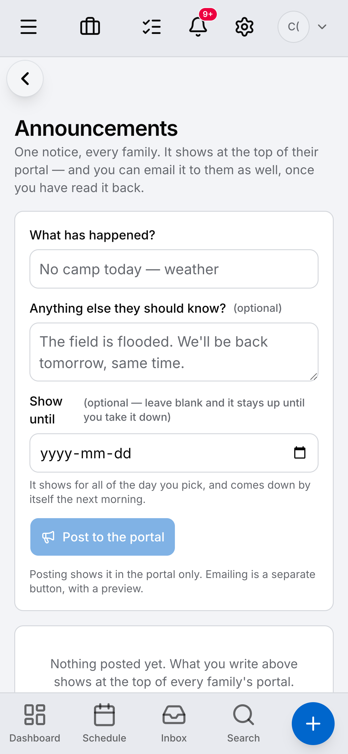 Camp announcements on a phone.