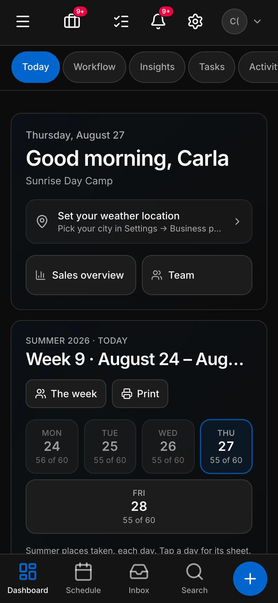 The morning dashboard on a phone in dark mode: the week’s days and the places taken on each.