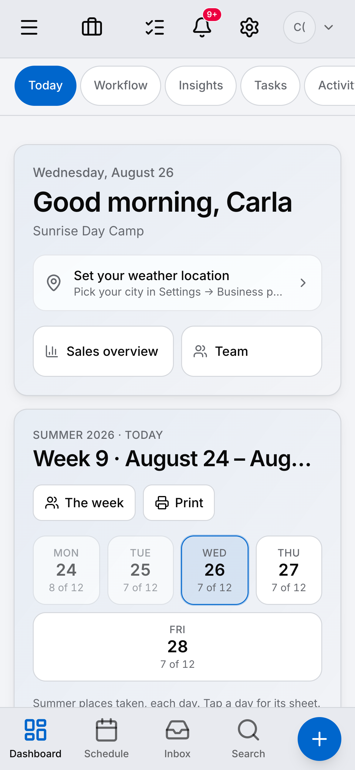 The dashboard on a phone, showing the week and the places taken on each day.