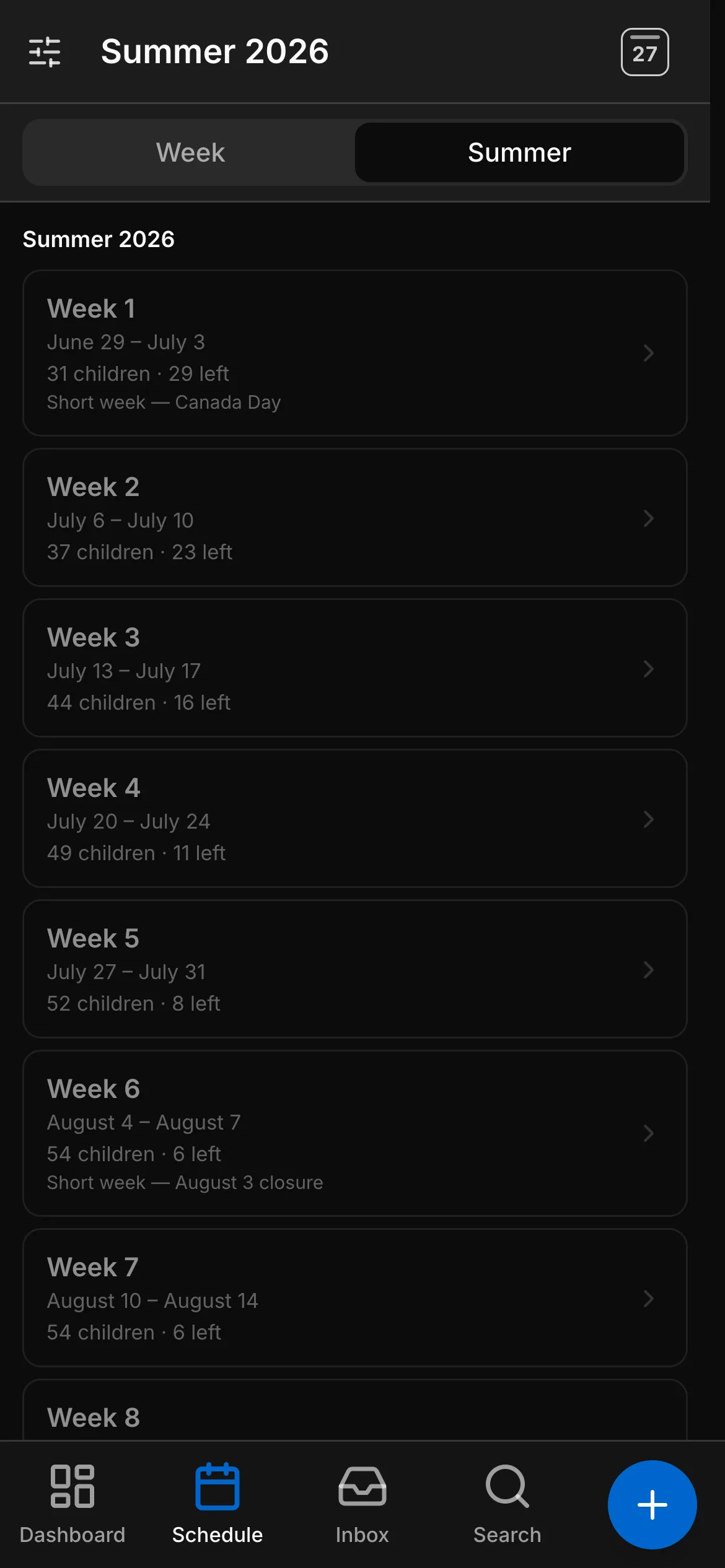 A day camp’s summer on a phone in dark mode: every week, how many children, how many places left.