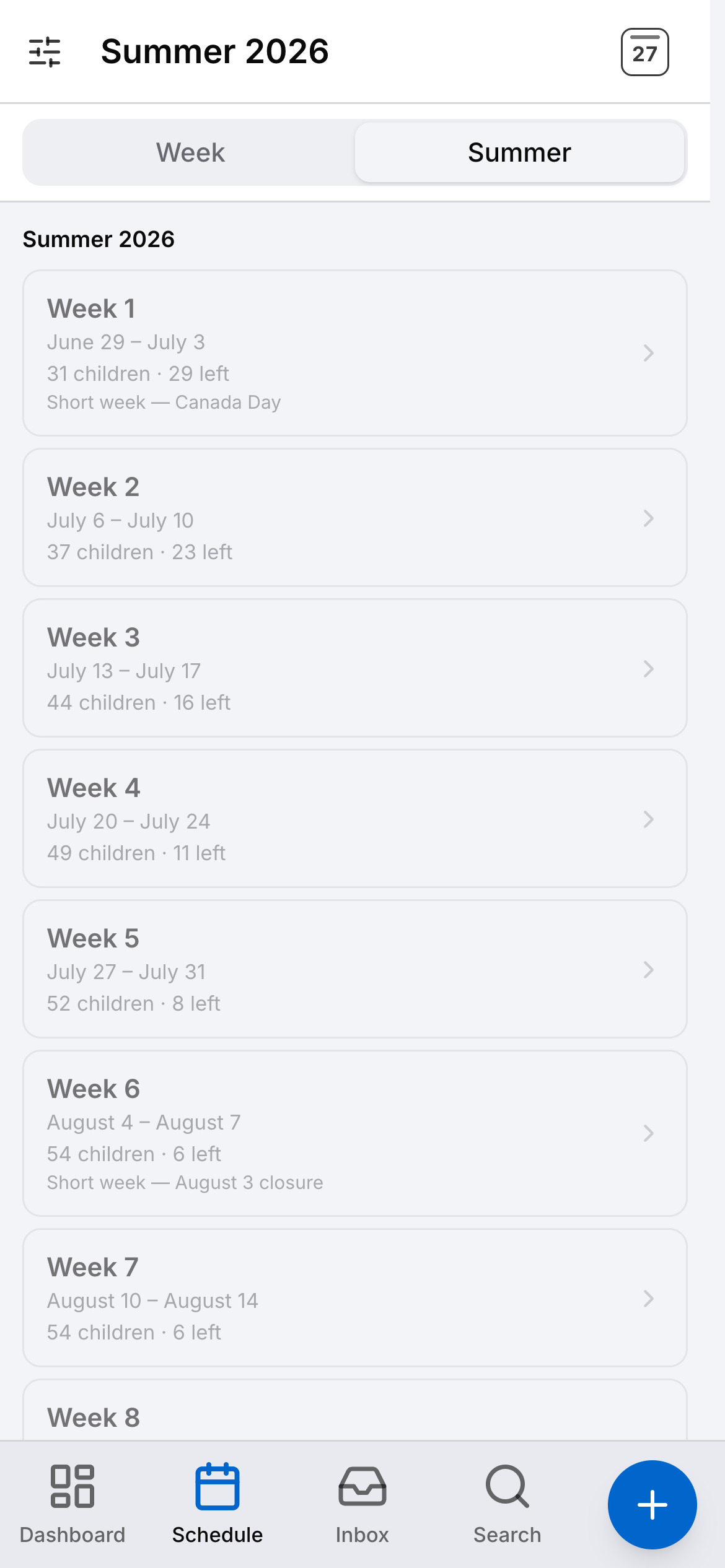 The summer’s weeks on a phone, each with the children booked and the places left.