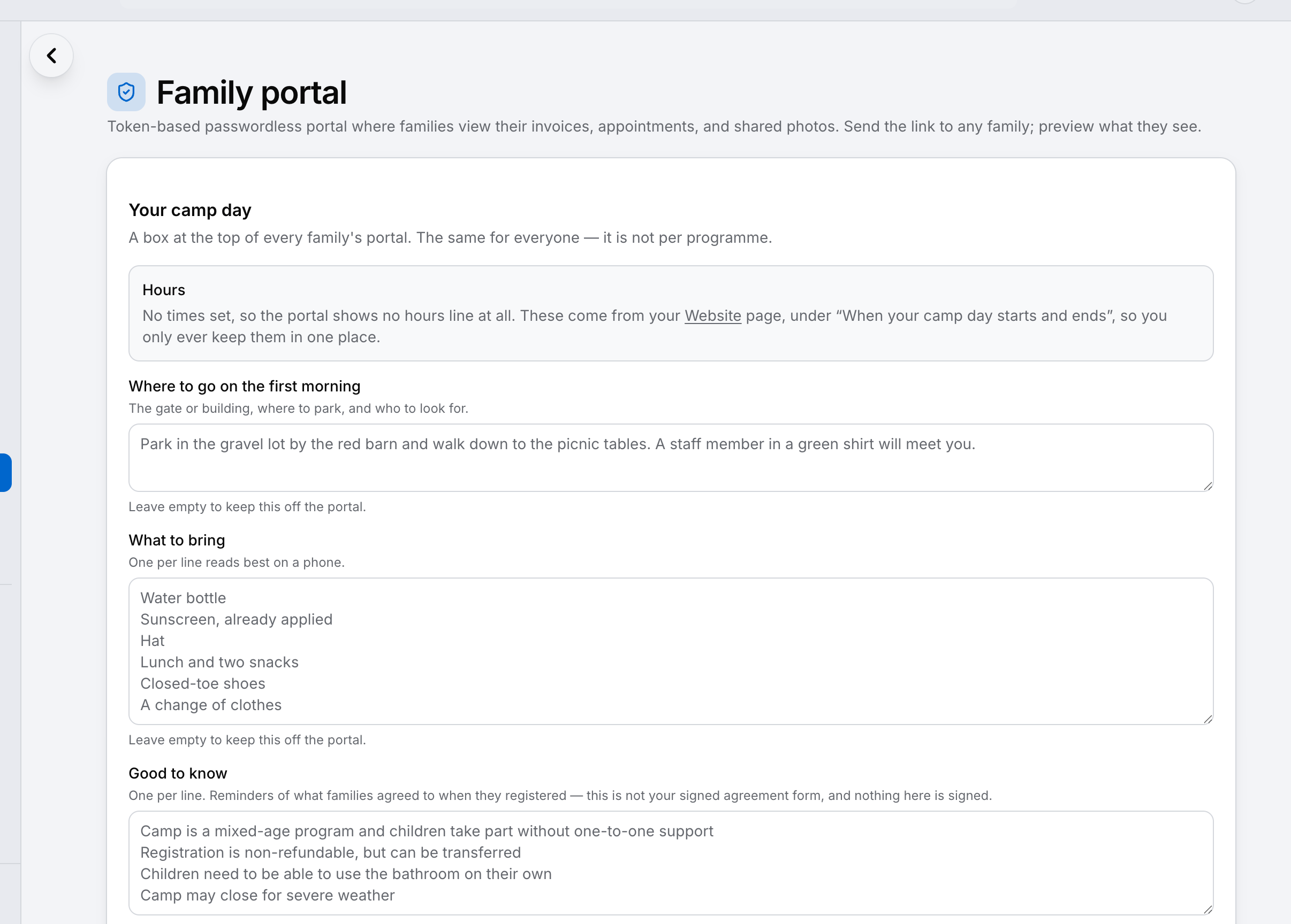 The family portal being set up at a day camp: where to go on the first morning, what to bring, and what every family agreed to.