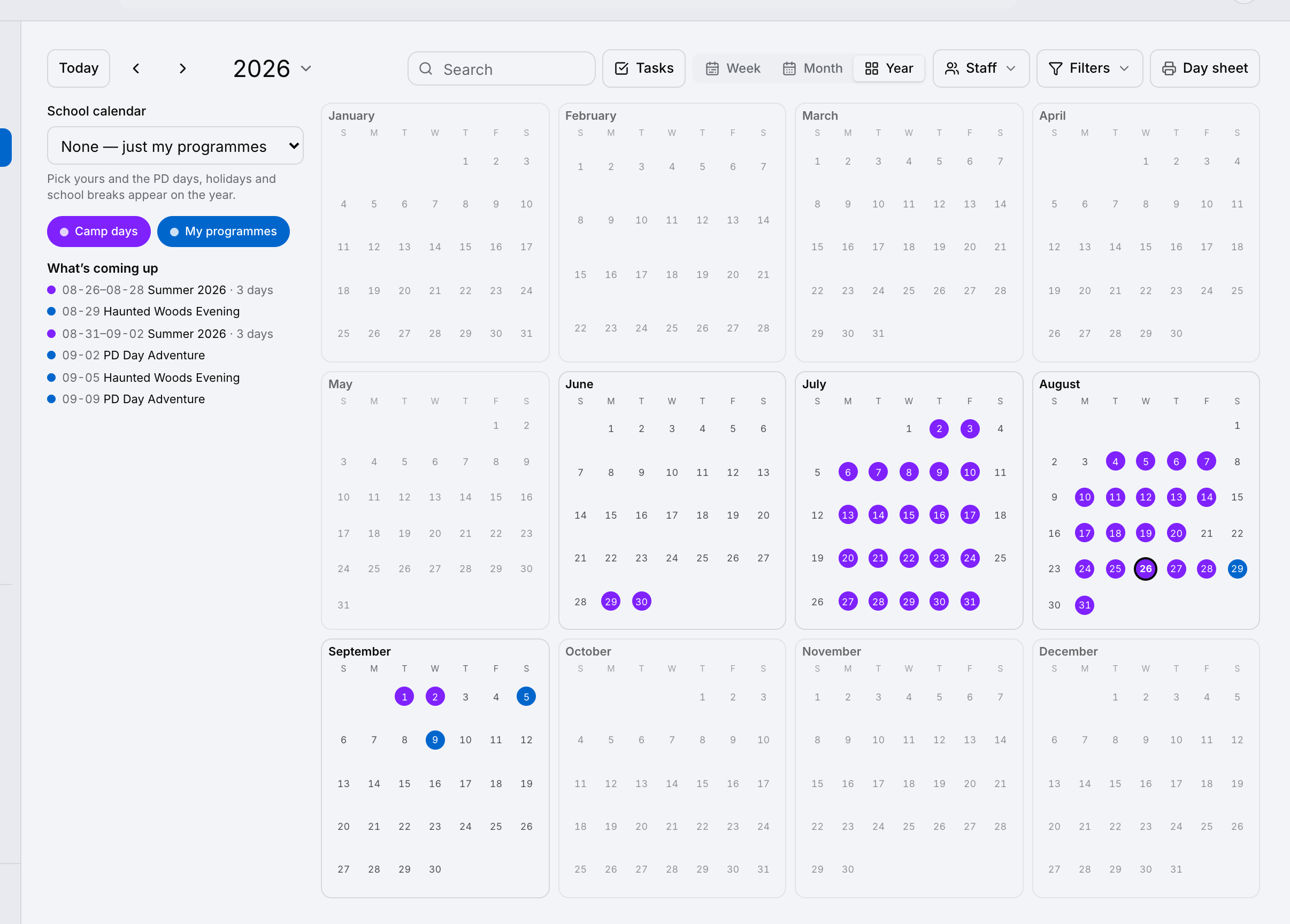 A year view showing twelve months at once, with the camp’s running weeks marked.