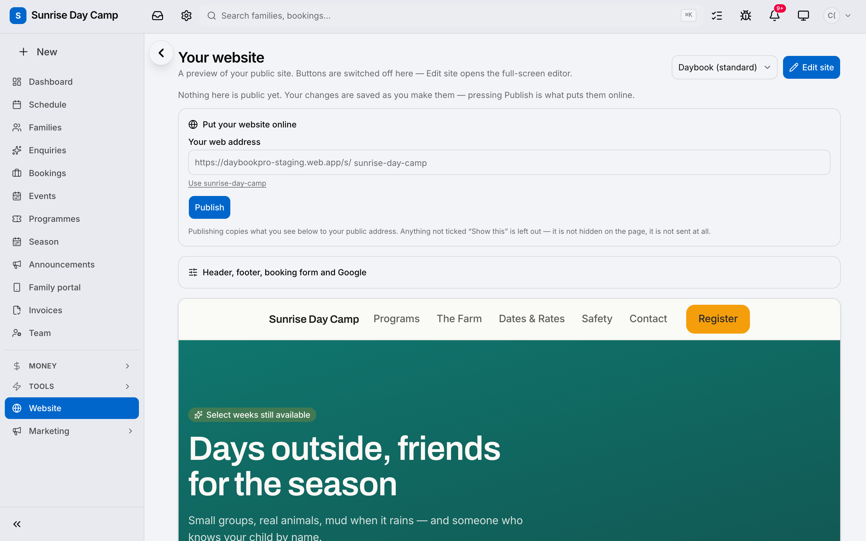 The website editor inside Daybook, with a camp’s own page open.