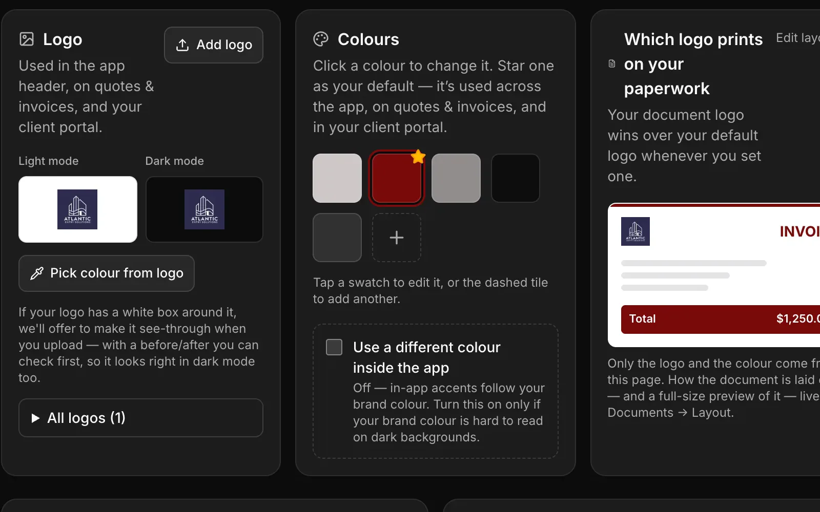 The Branding page: the uploaded logo, the colours picked out of it with one starred as the default, and how the logo prints on an invoice.