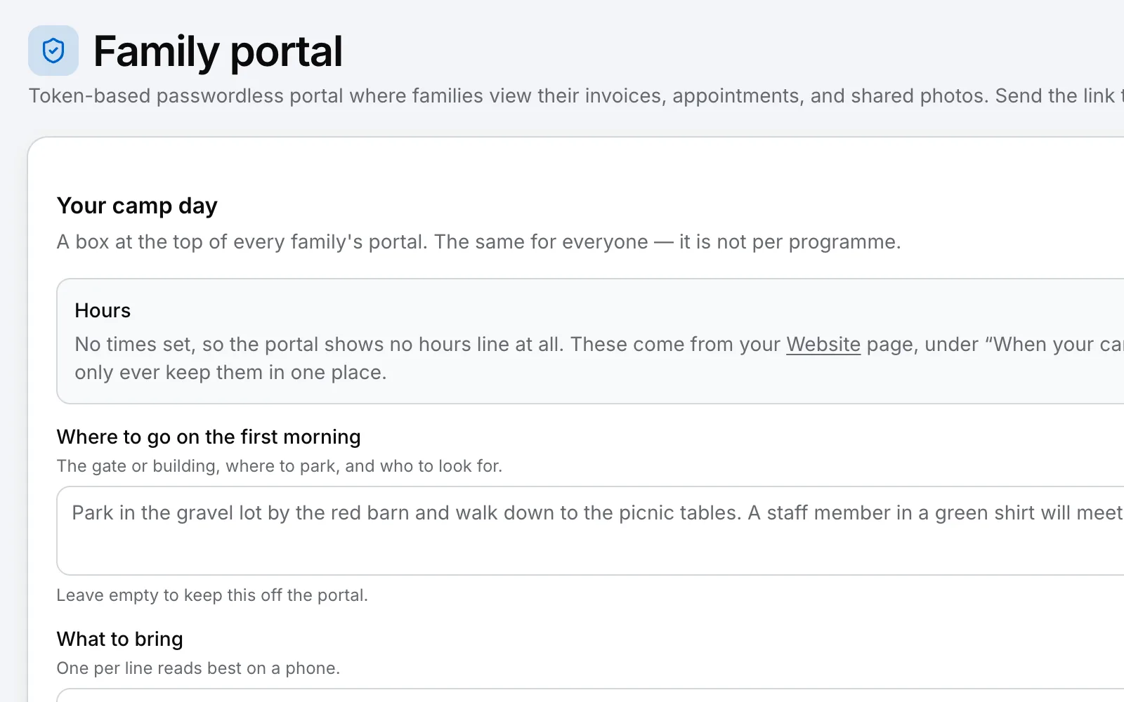 Setting up the family portal: where to go on the first morning and what to bring, written once for every family.