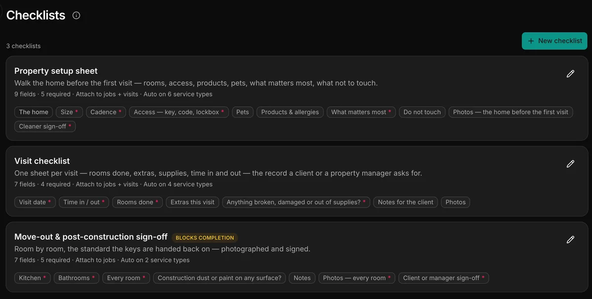 The checklists in Daybook: “Property setup sheet” and “Visit checklist”.