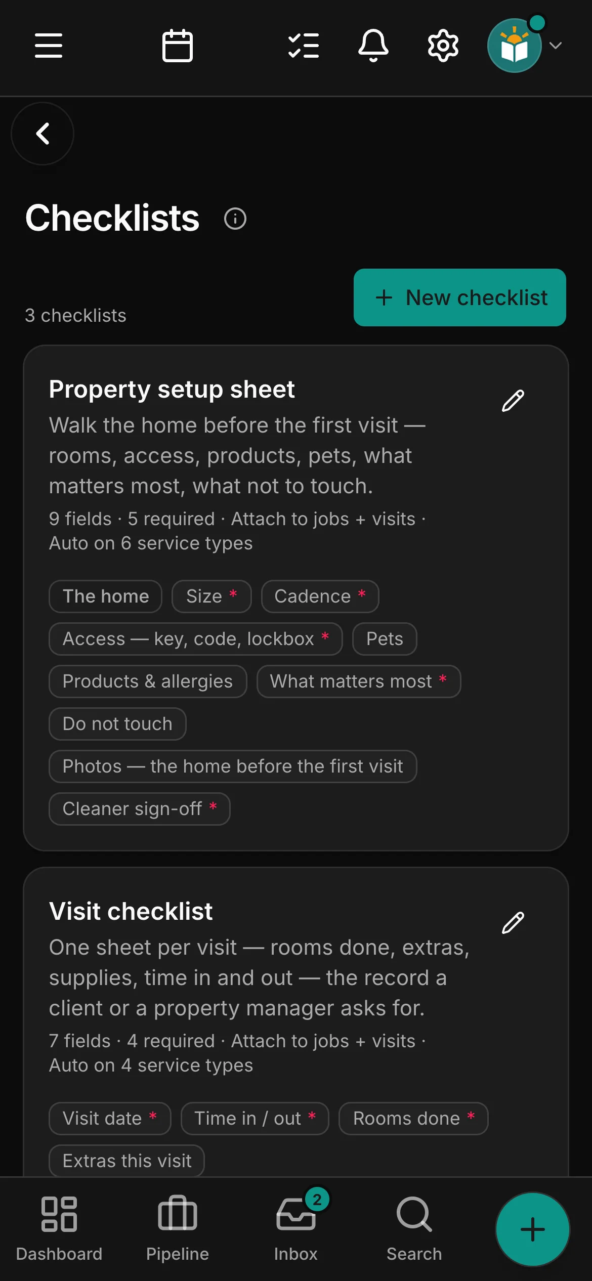 The checklists in Daybook: “Property setup sheet” and “Visit checklist”.