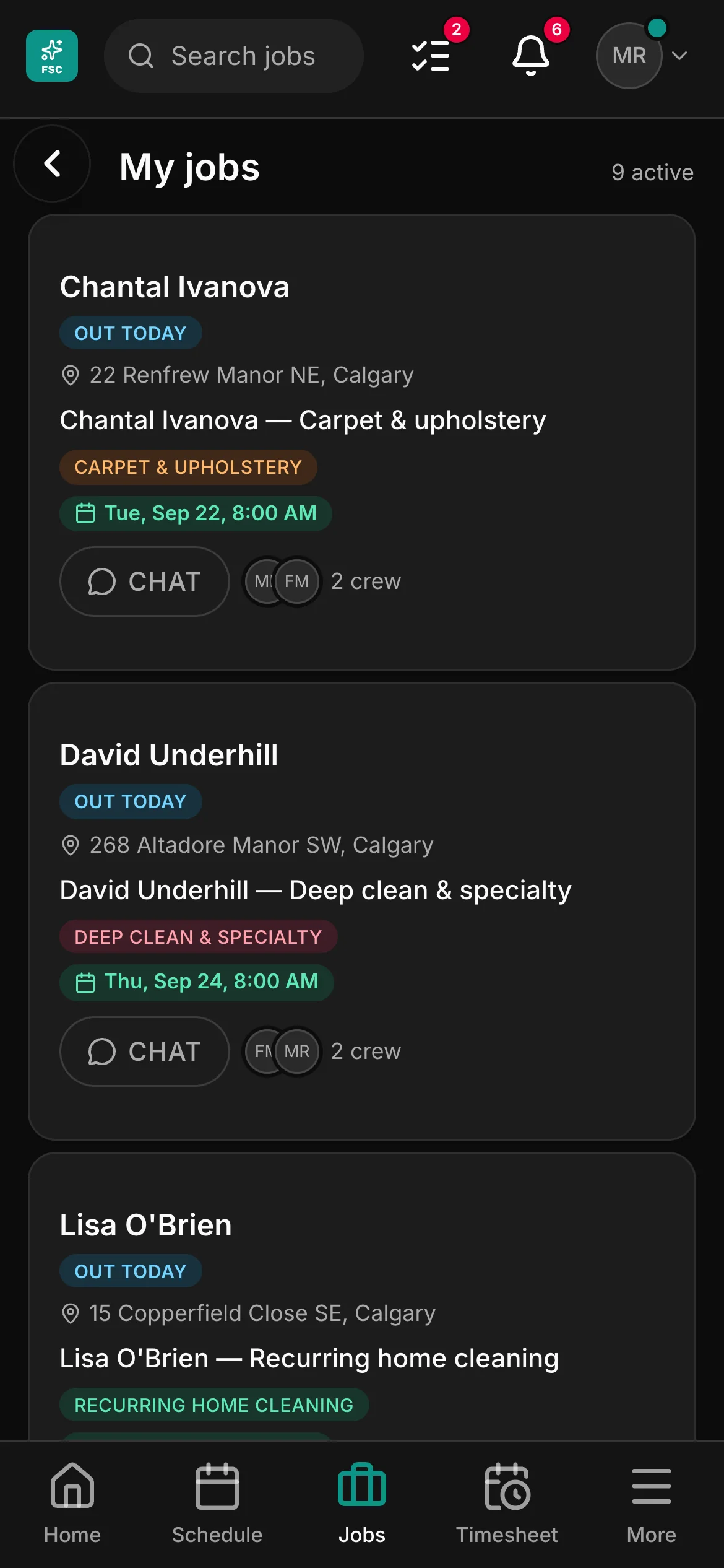 A crew member’s list in the crew app, 9 active: “Chantal Ivanova — Carpet & upholstery” and “David Underhill — Deep clean & specialty” among them, each with its address and its time.