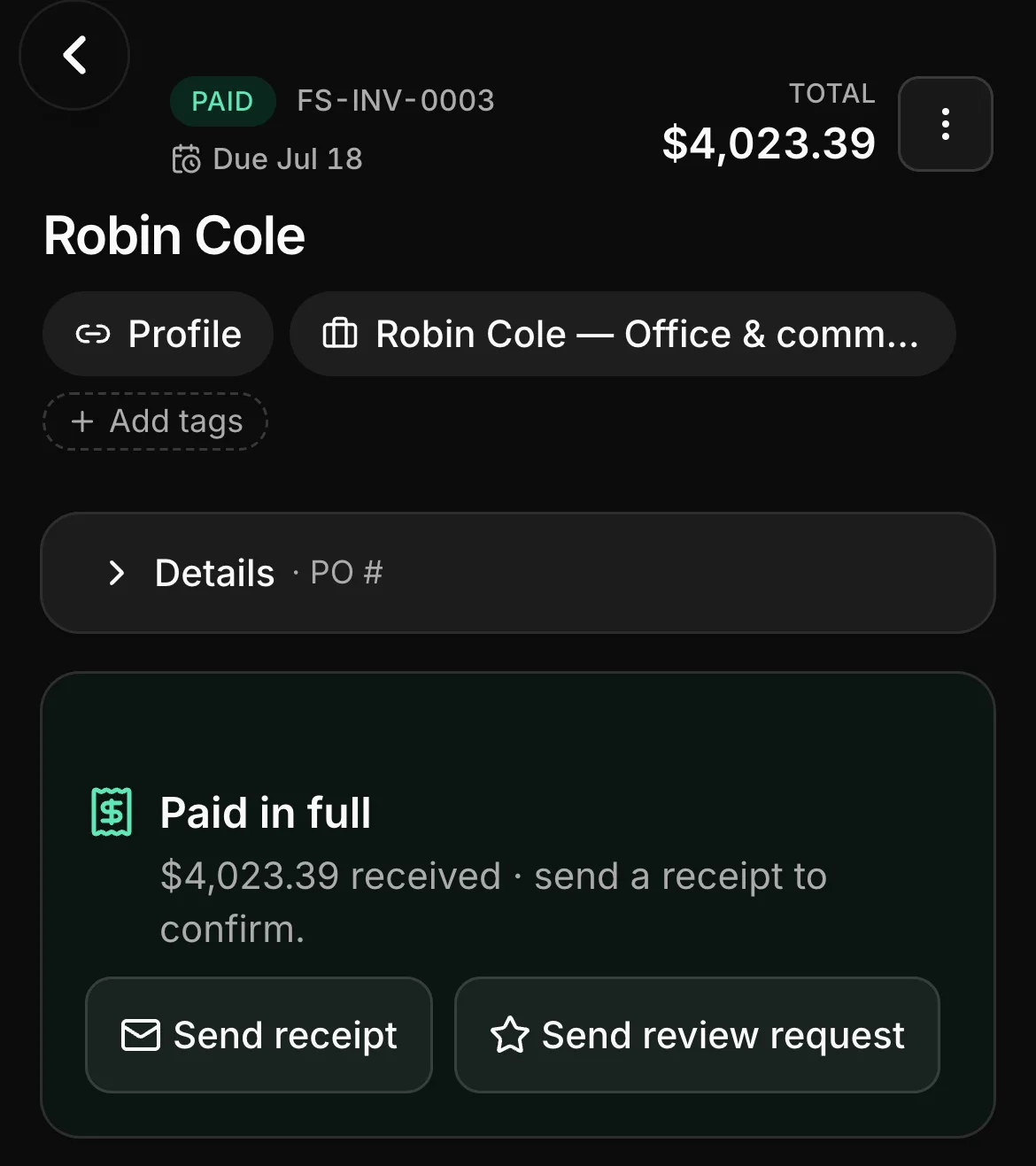 A paid invoice in Daybook: FS-INV-0003, paid, $4,023.39.