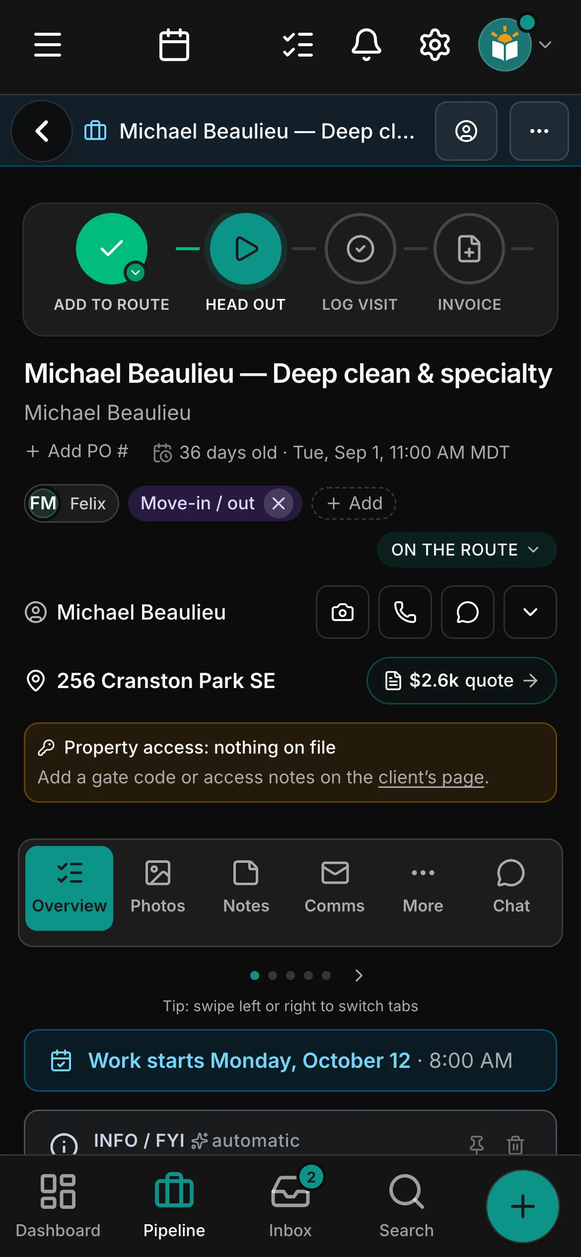 The job on its page in Daybook, its steps across the top: Add to route, Head out, Log visit and Invoice.