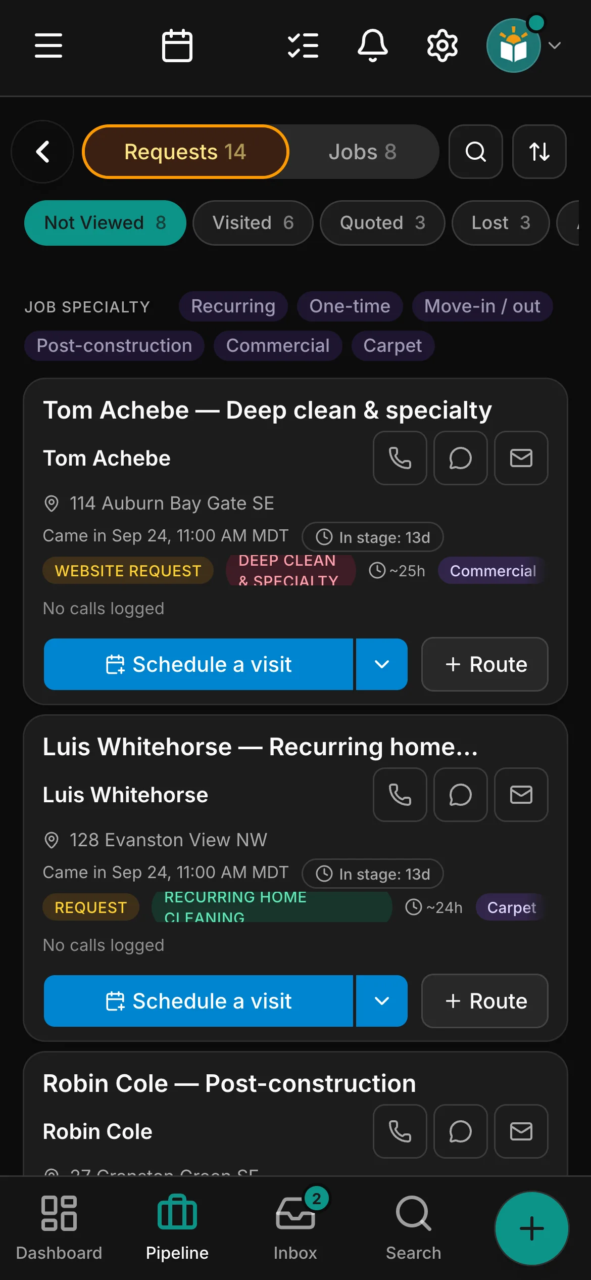 The requests board in Daybook: “Tom Achebe — Deep clean & specialty” and “Luis Whitehorse — Recurring home cleaning”.