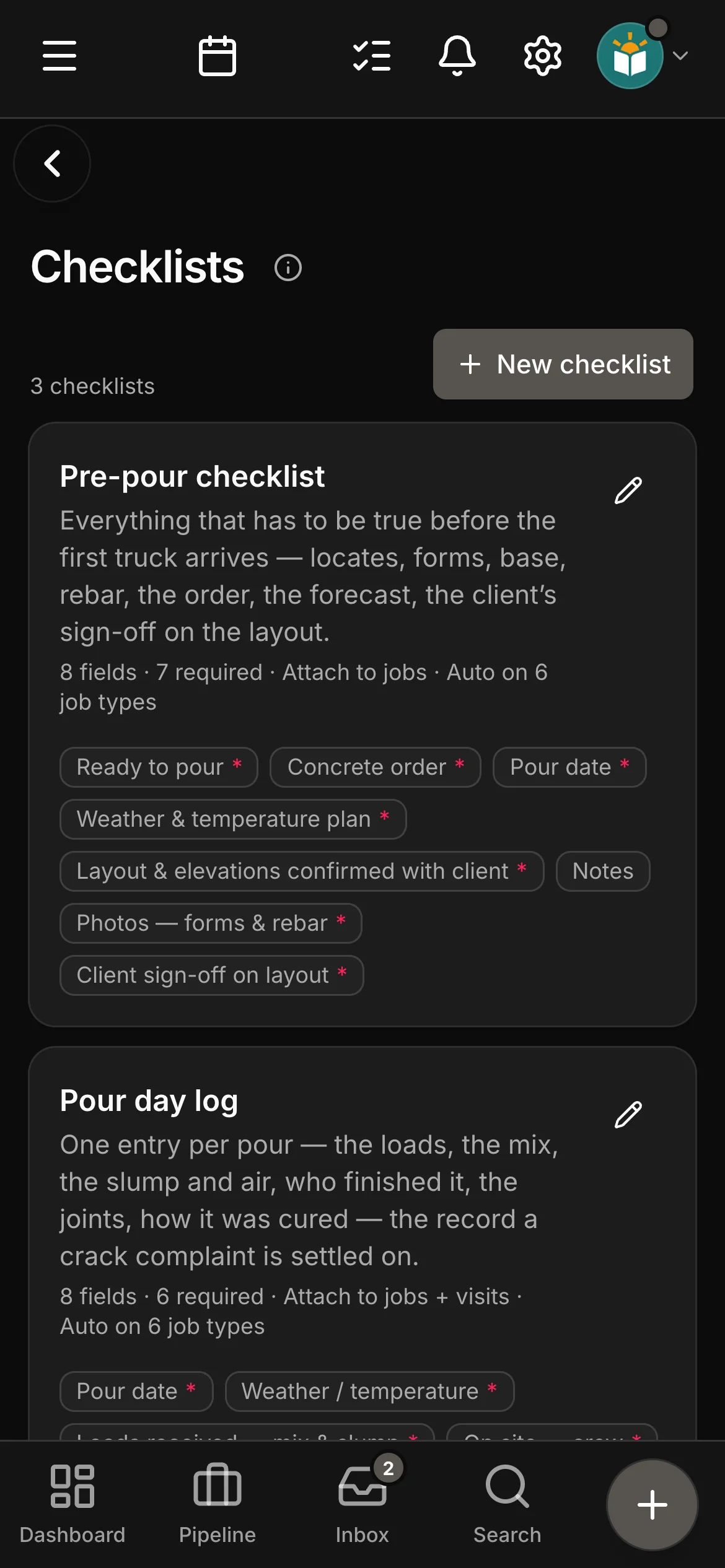 The checklists in Daybook: “Pre-pour checklist” and “Pour day log”.