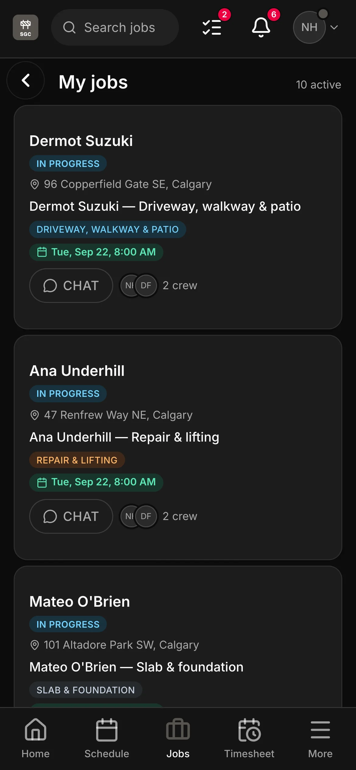A crew member’s list in the crew app, 10 active: “Dermot Suzuki — Driveway, walkway & patio” and “Ana Underhill — Repair & lifting” among them, each with its address and its time.