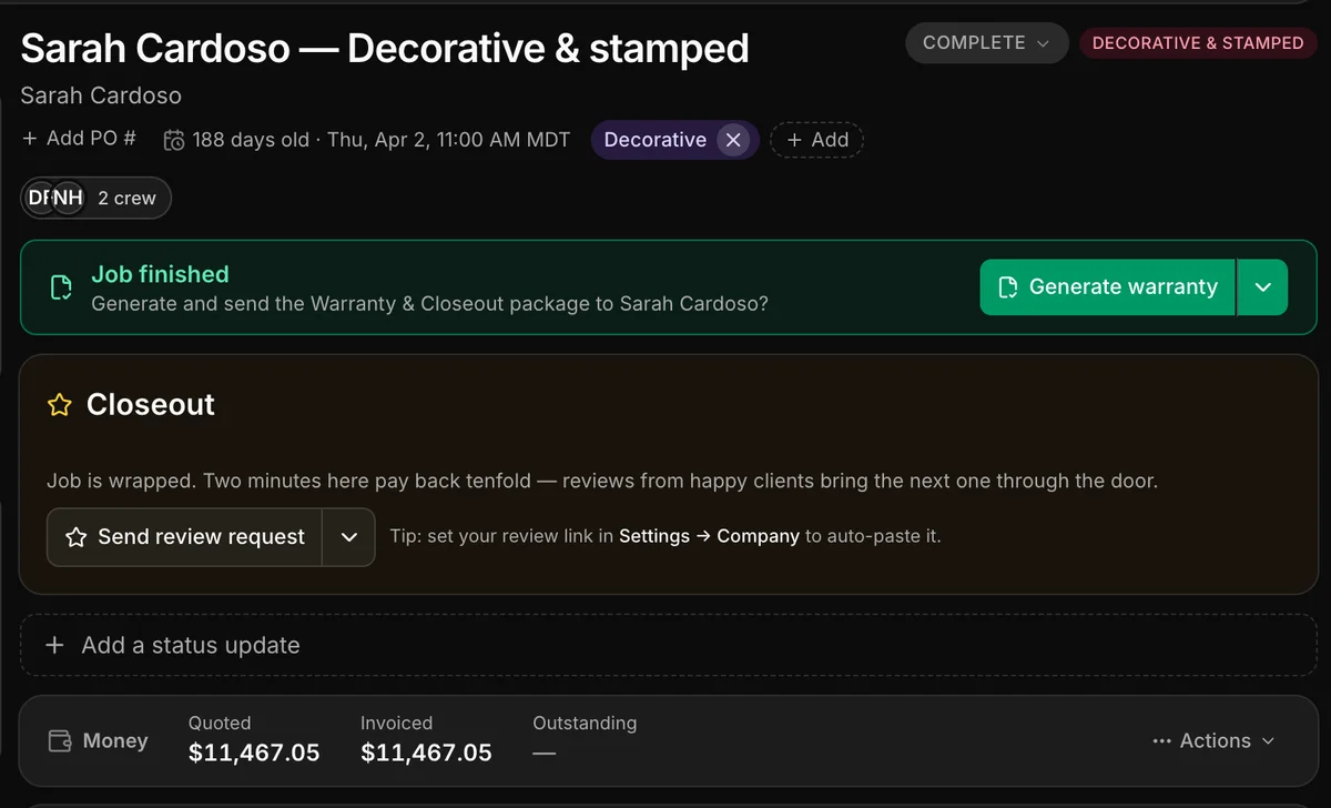 A finished job in Daybook: Job finished, Generate warranty and Closeout.