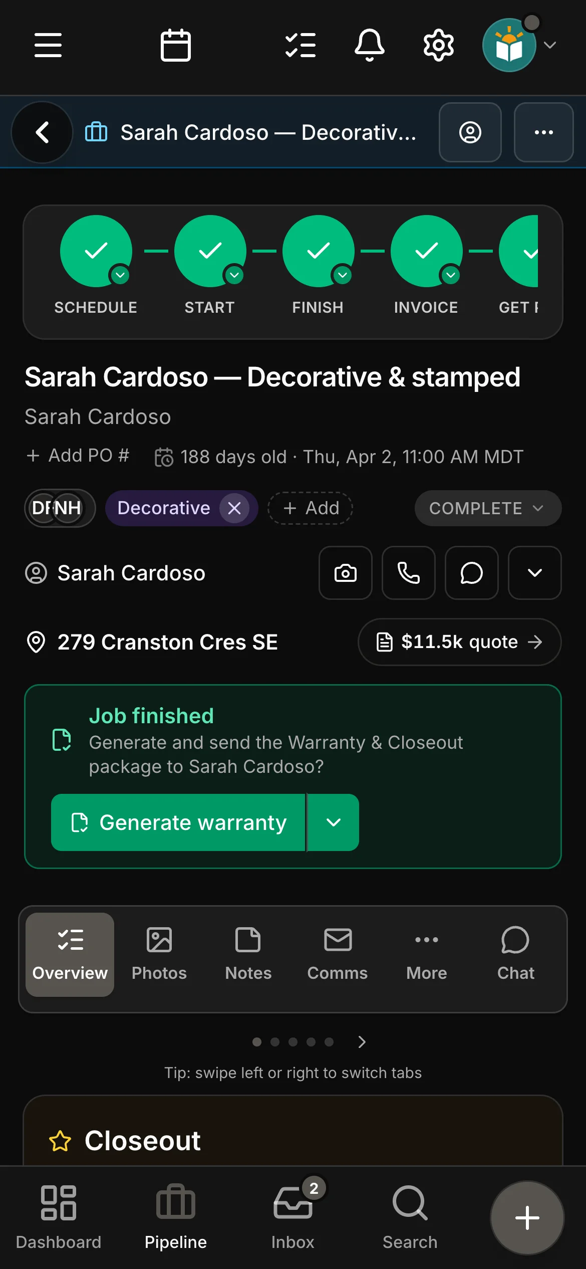 A finished job in Daybook: Job finished, Generate warranty and Closeout.