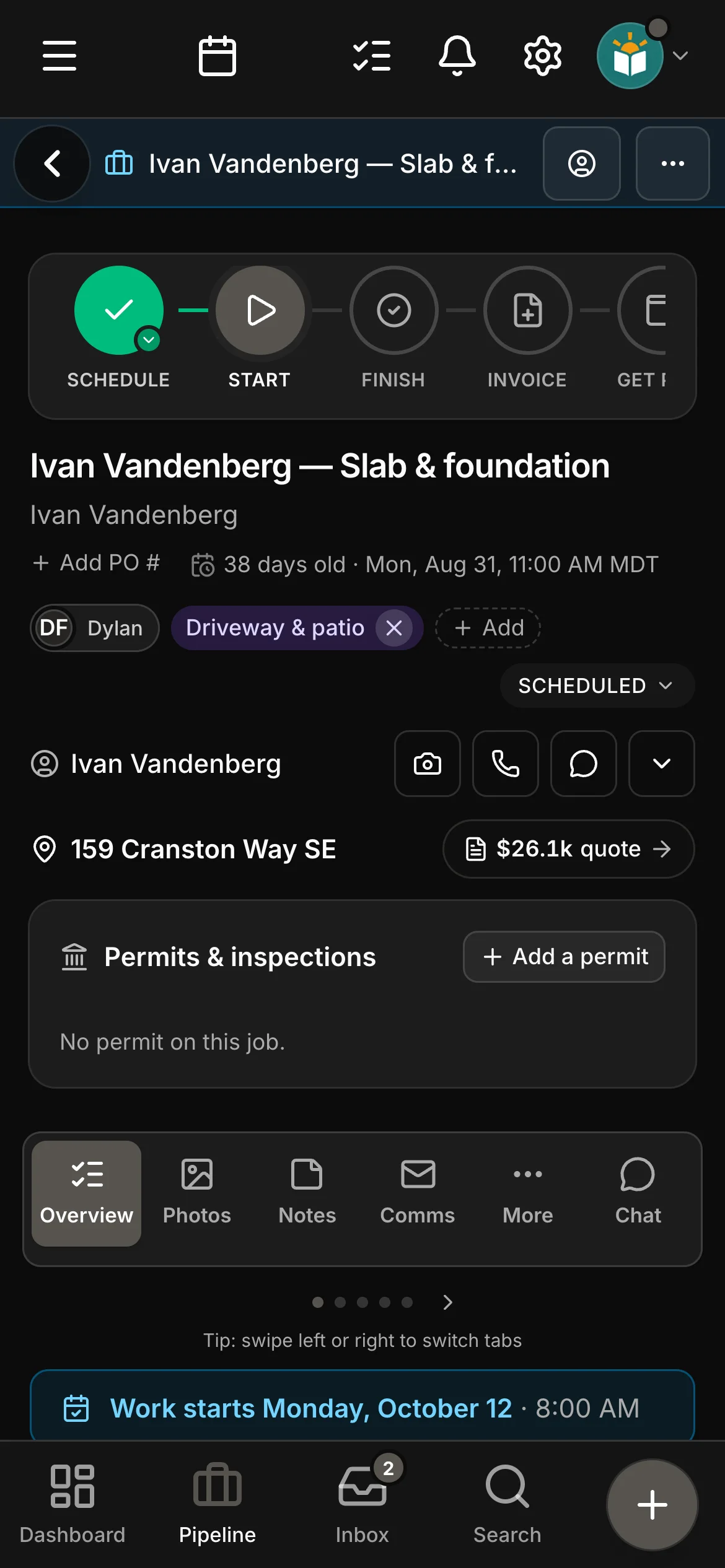 The job on its page in Daybook, its steps across the top: Schedule, Start, Finish, Invoice and Get paid.