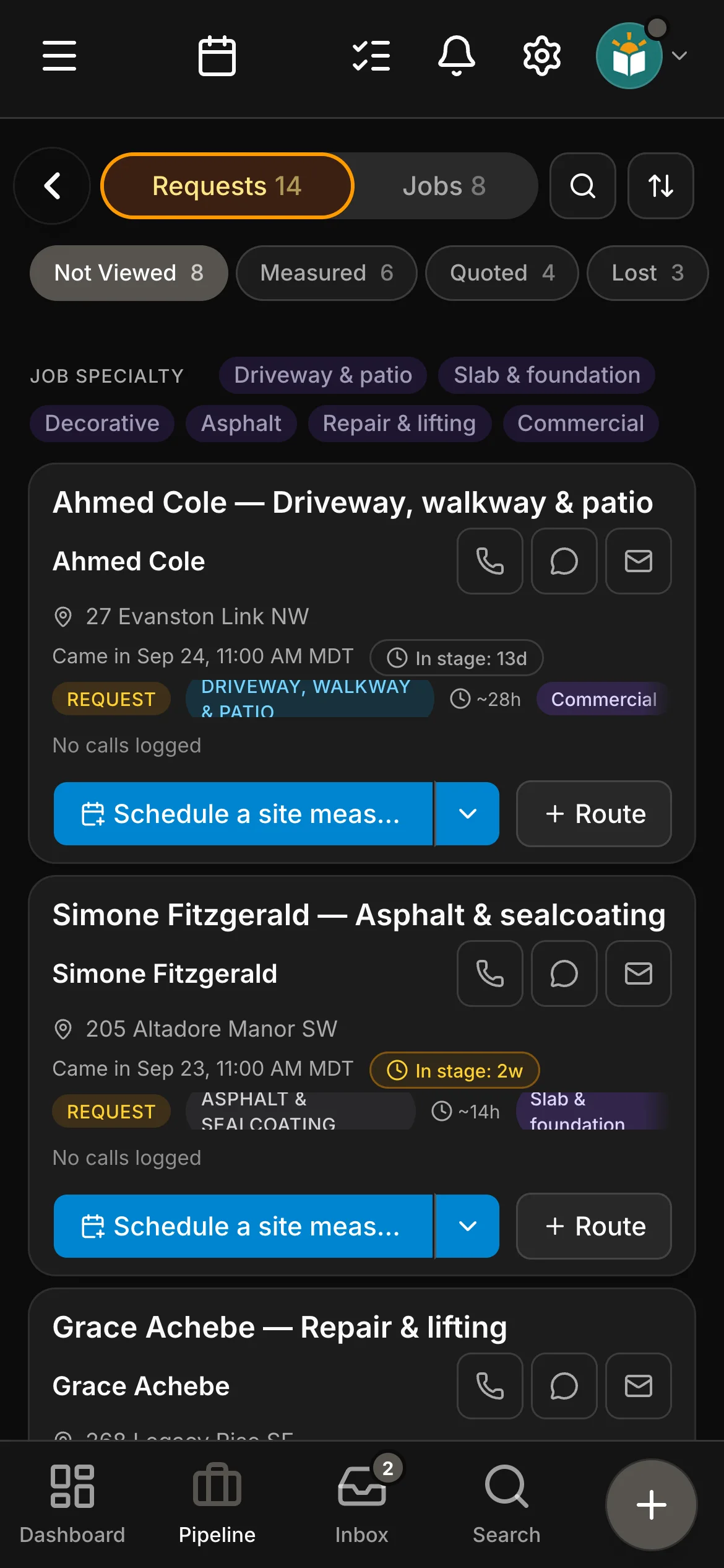 The requests board in Daybook: “Ahmed Cole — Driveway, walkway & patio” and “Simone Fitzgerald — Asphalt & sealcoating”.