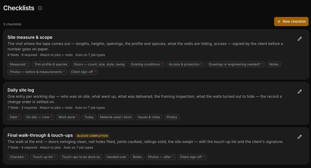 The checklists in Daybook: “Site measure & scope” and “Daily site log”.
