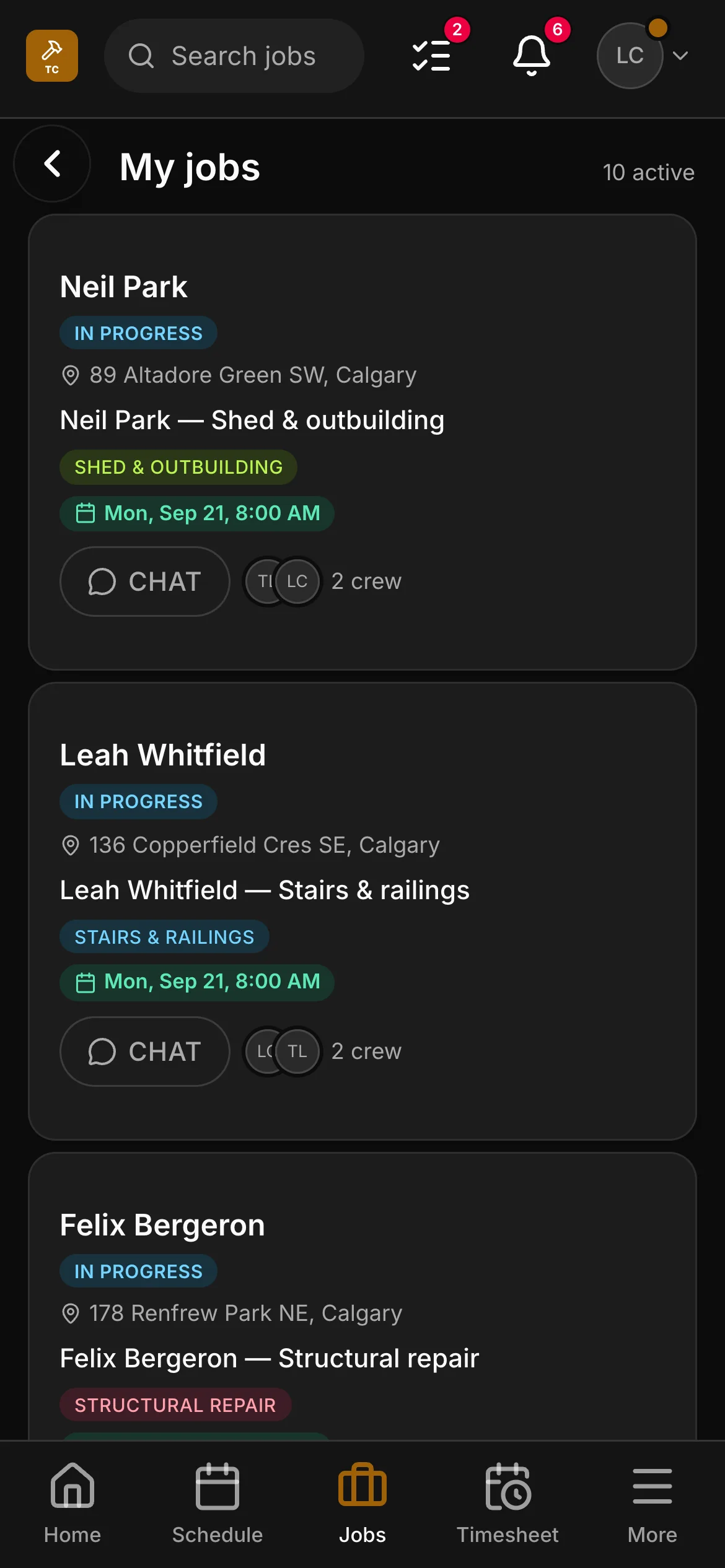 A crew member’s list in the crew app, 10 active: “Neil Park — Shed & outbuilding” and “Leah Whitfield — Stairs & railings” among them, each with its address and its time.
