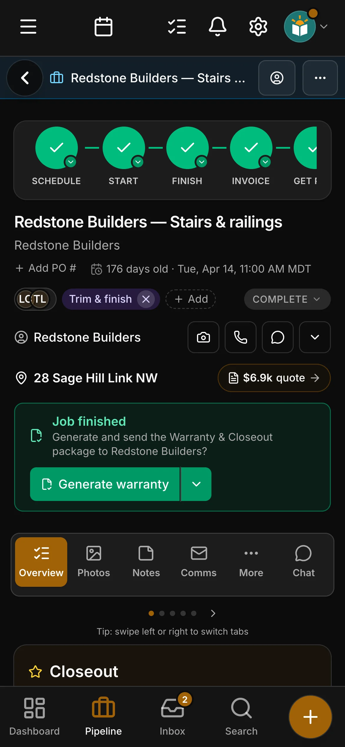 A finished job in Daybook: Job finished, Generate warranty and Closeout.