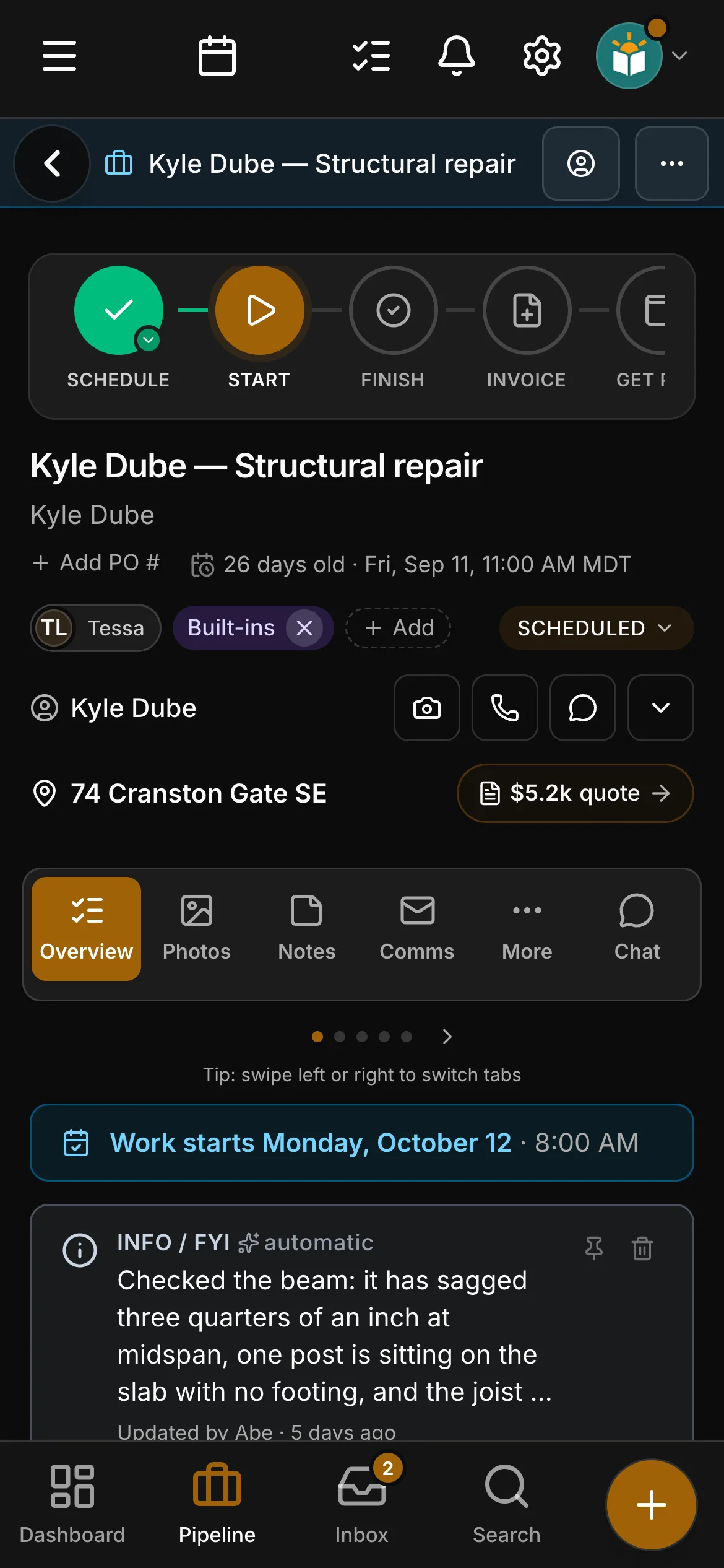 The job on its page in Daybook, its steps across the top: Schedule, Start, Finish, Invoice and Get paid.