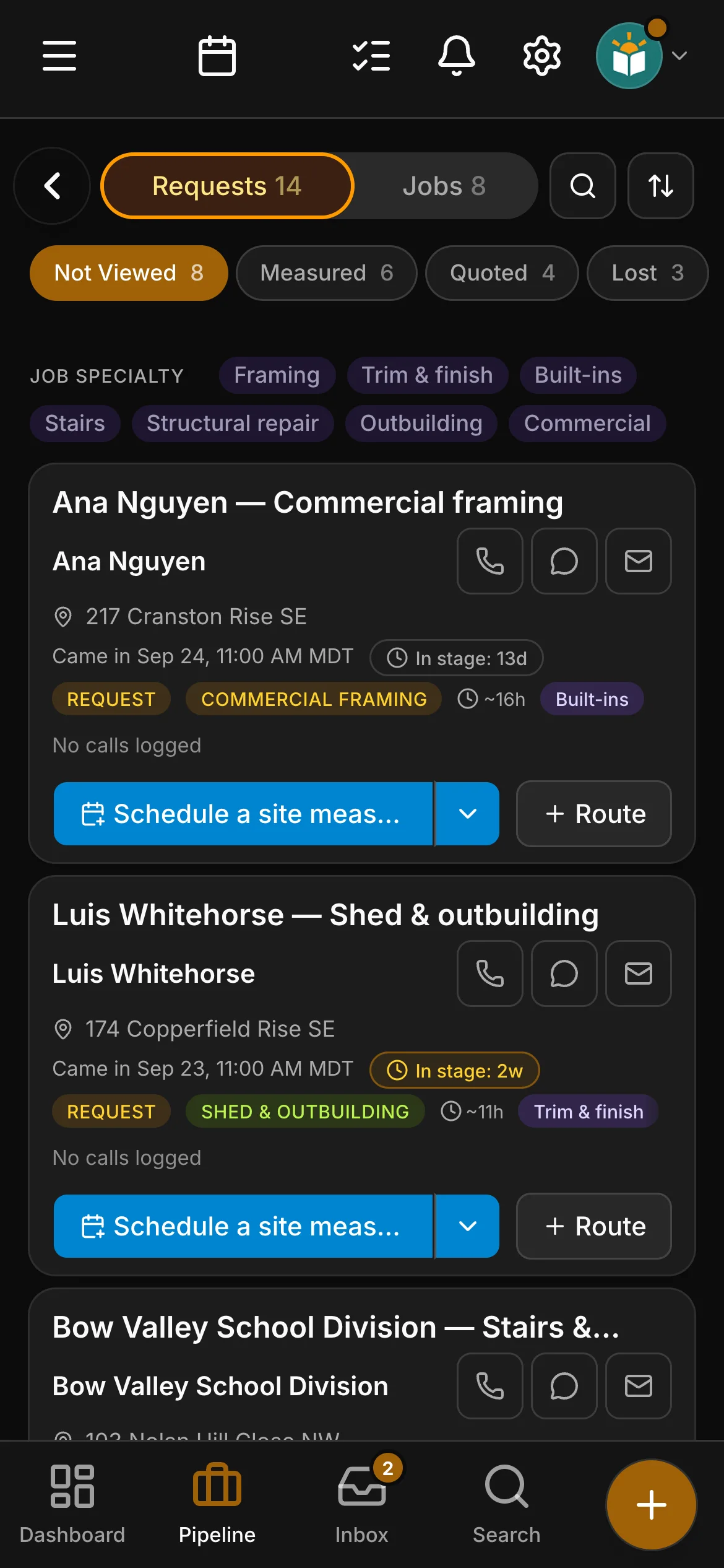The requests board in Daybook: “Ana Nguyen — Commercial framing” and “Luis Whitehorse — Shed & outbuilding”.