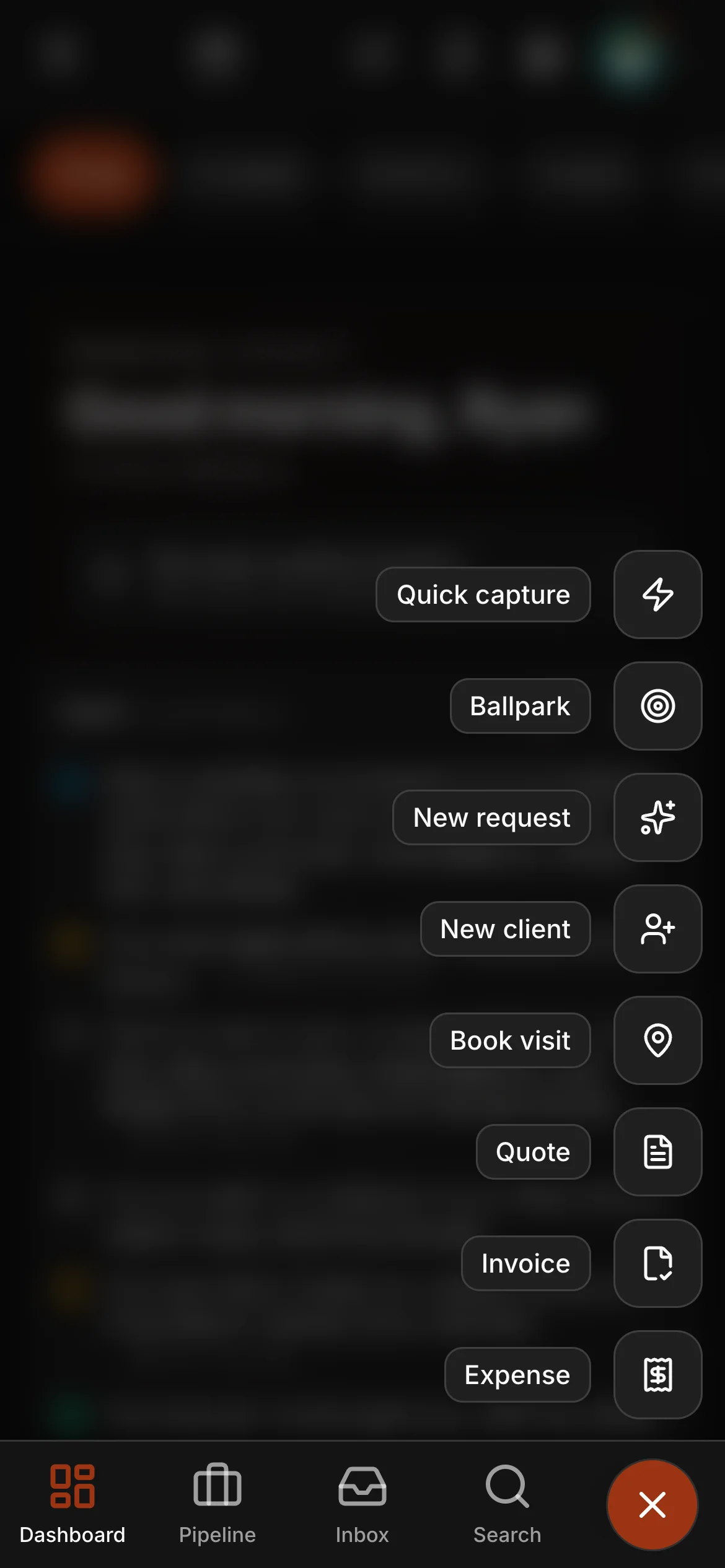 The create button open in the office app: “Quick capture”, “Ballpark”, “New request”, “New client”, “Book visit”, “Quote”, “Invoice” and “Expense”.