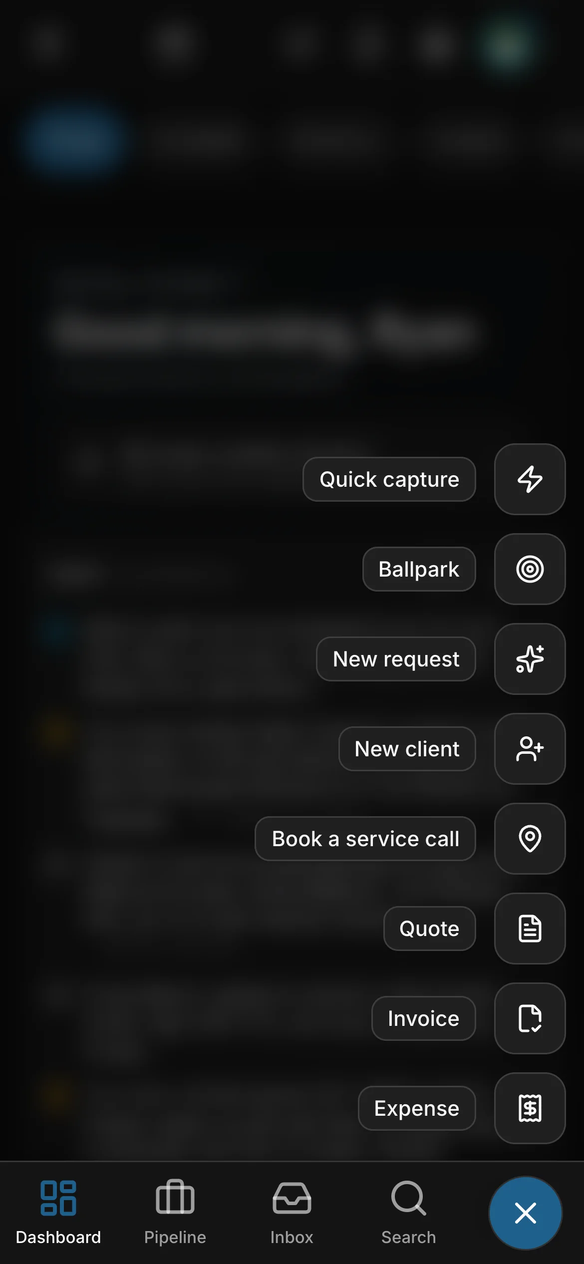 The create button open in the office app: “Quick capture”, “Ballpark”, “New request”, “New client”, “Quote”, “Invoice” and “Expense”.