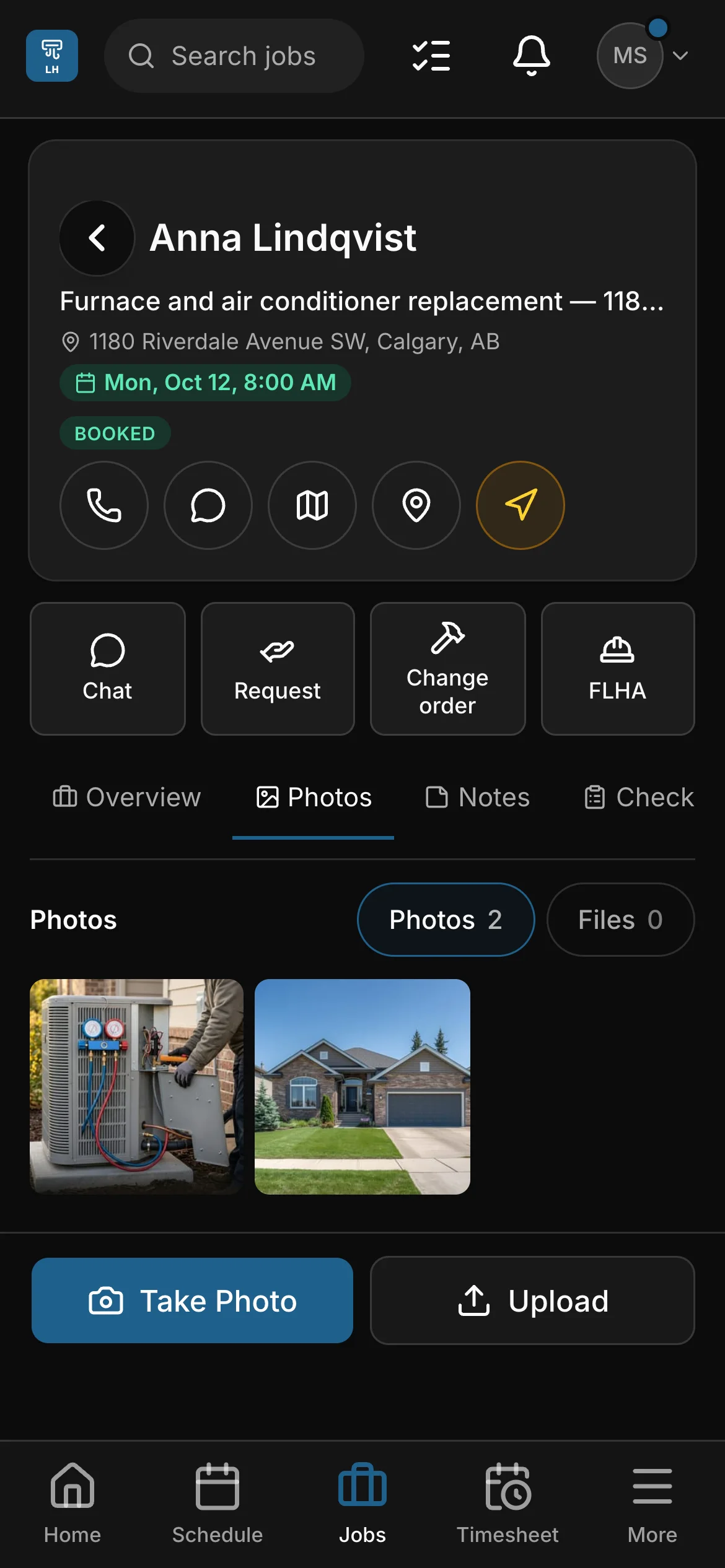 Anna Lindqvist’s furnace and air conditioner job in the crew app, on its Photos tab: Chat, Request, Change order and FLHA.