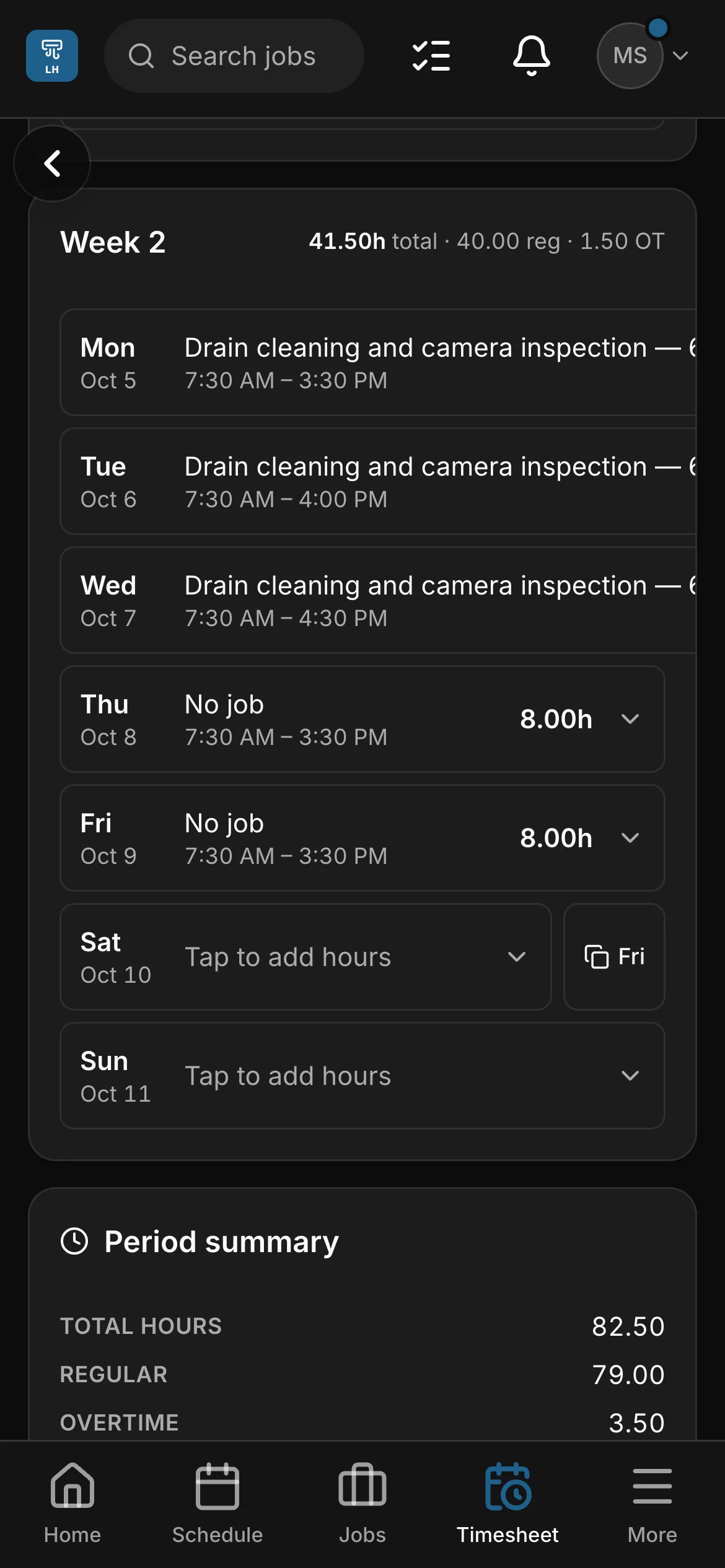 Marco’s timesheet in the crew app, the second week of the pay period: 2 days with their hours, then the period’s total, regular and overtime hours.