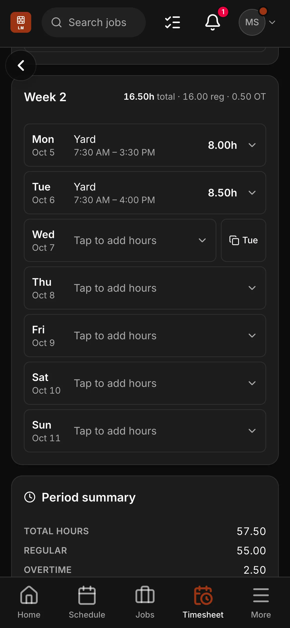 Marco’s timesheet in the crew app, the second week of the pay period: 2 days with their hours, then the period’s total, regular and overtime hours.
