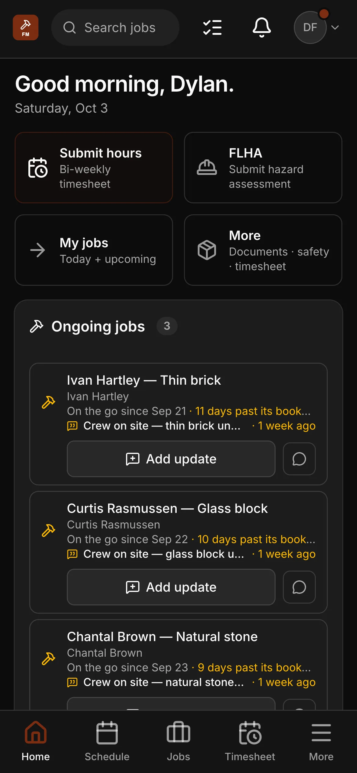 The crew app’s home on a phone: a greeting by name, then Submit hours, FLHA, My jobs and More, with the ongoing jobs under them.