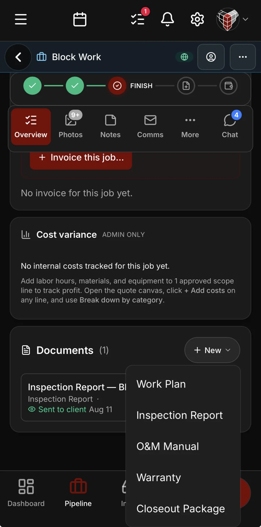 A job’s page in the app: its Documents card with an inspection report sent to the client, and the New menu open — Work Plan, Inspection Report, O&M Manual, Warranty and Closeout Package.