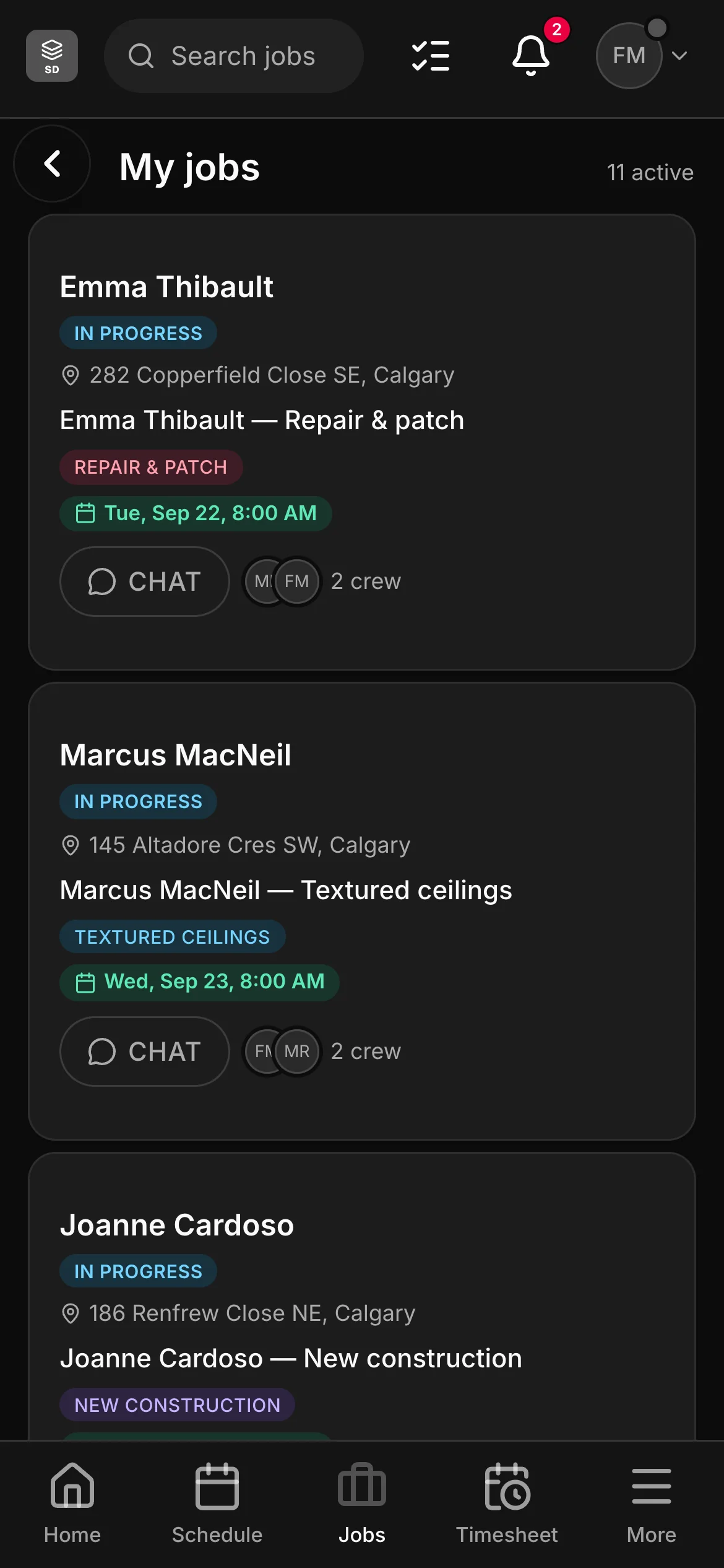 A crew member’s list in the crew app, 11 active: “Emma Thibault — Repair & patch” and “Marcus MacNeil — Textured ceilings” among them, each with its address and its time.