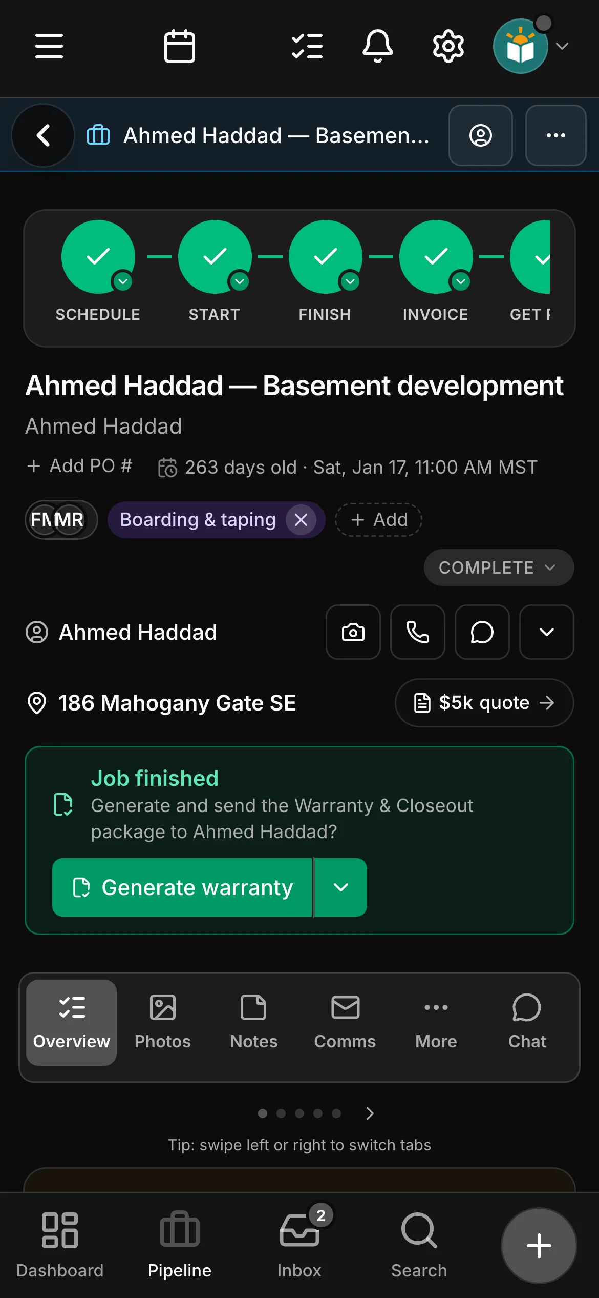 A finished job in Daybook: Job finished, Generate warranty and Closeout.
