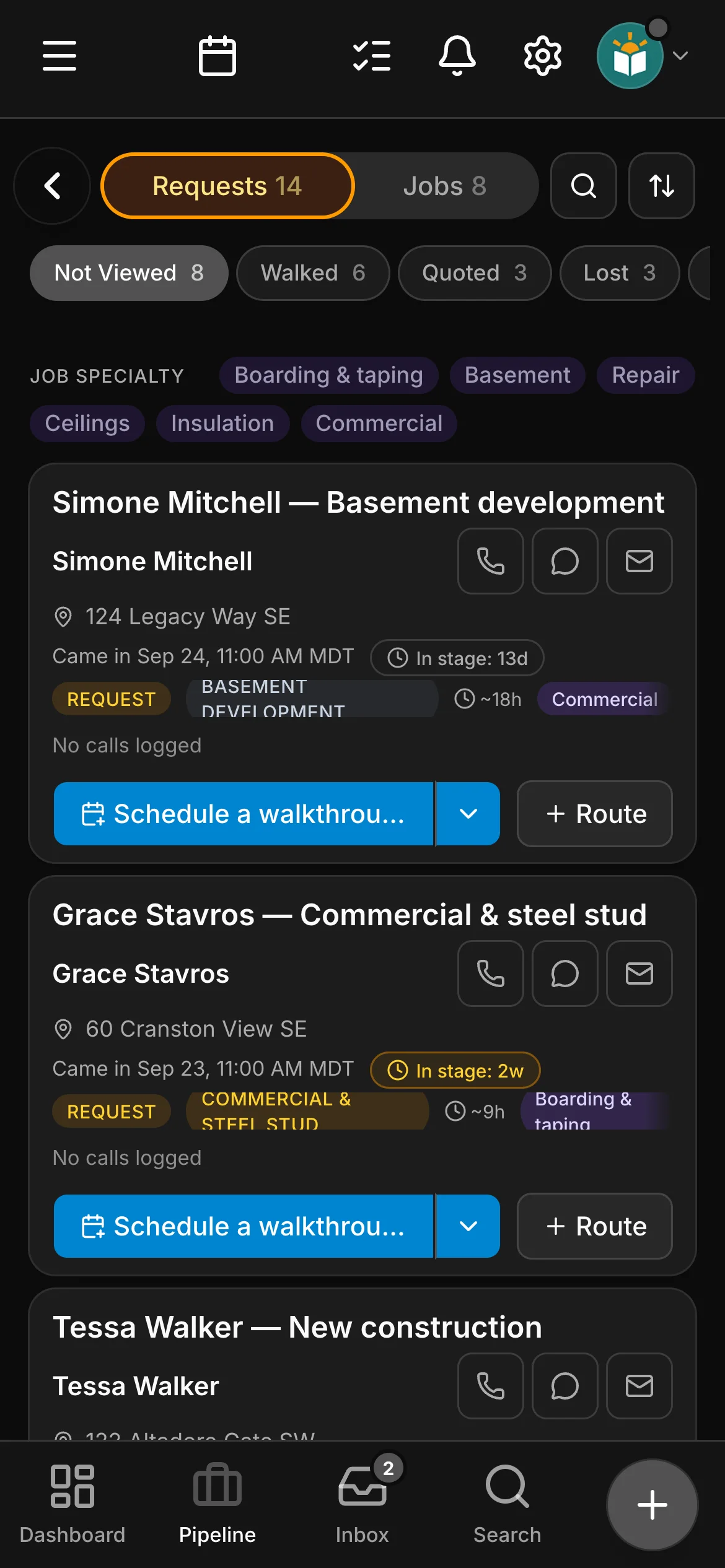 The requests board in Daybook: “Simone Mitchell — Basement development” and “Grace Stavros — Commercial & steel stud”.